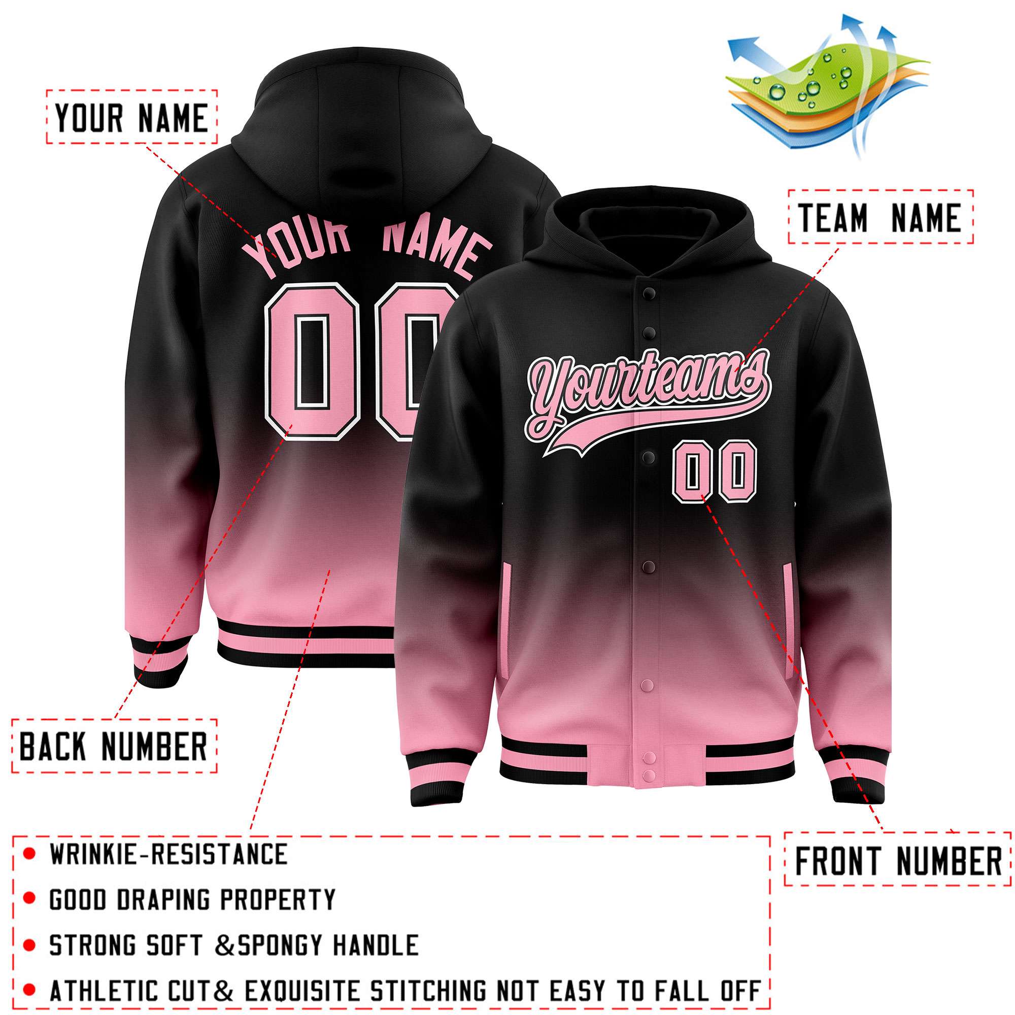 Custom Black Light Pink Varsity Full-Snap Letterman Gradient Hoodie Jacket