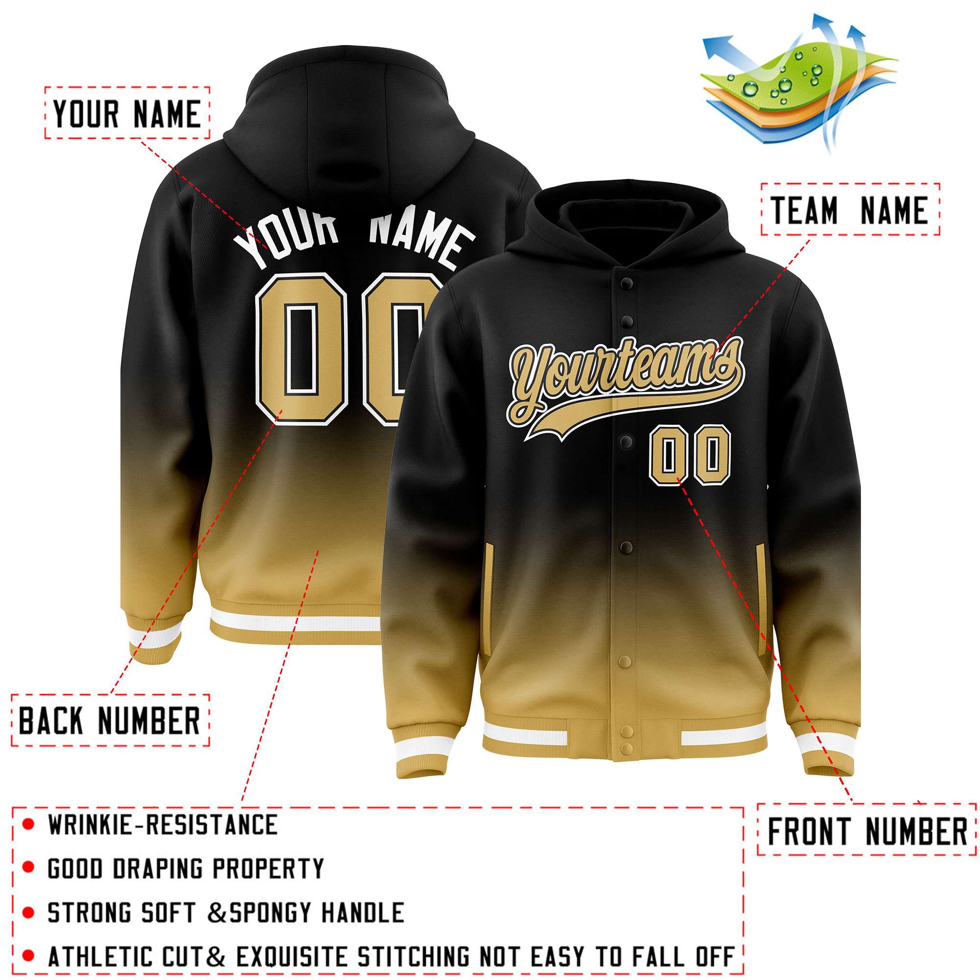 Custom Black Old Gold Varsity Full-Snap Letterman Gradient Hoodie Jacket