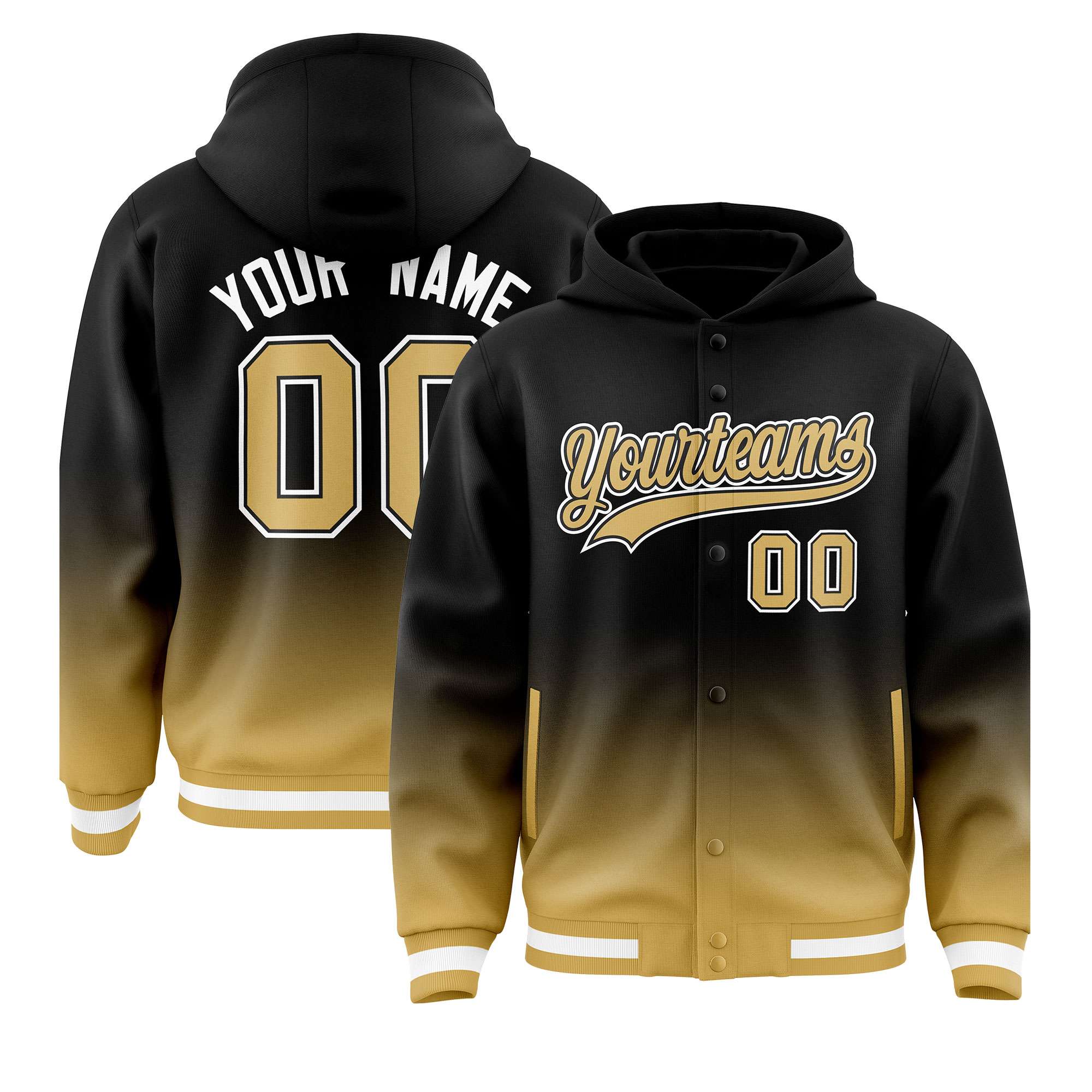 Custom Black Old Gold Varsity Full-Snap Letterman Gradient Hoodie Jacket