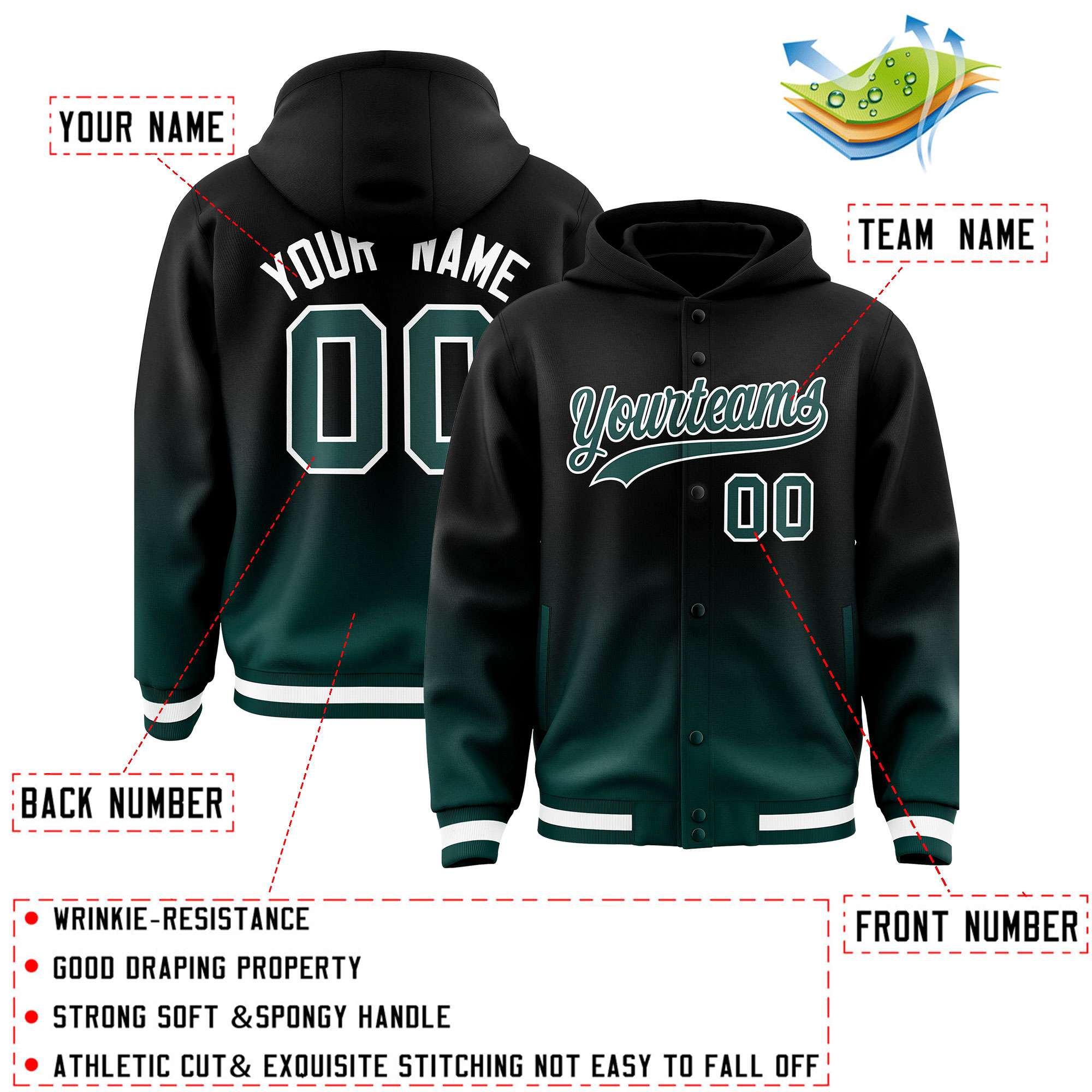 Custom Black Midnight Green Varsity Full-Snap Letterman Gradient Hoodie Jacket