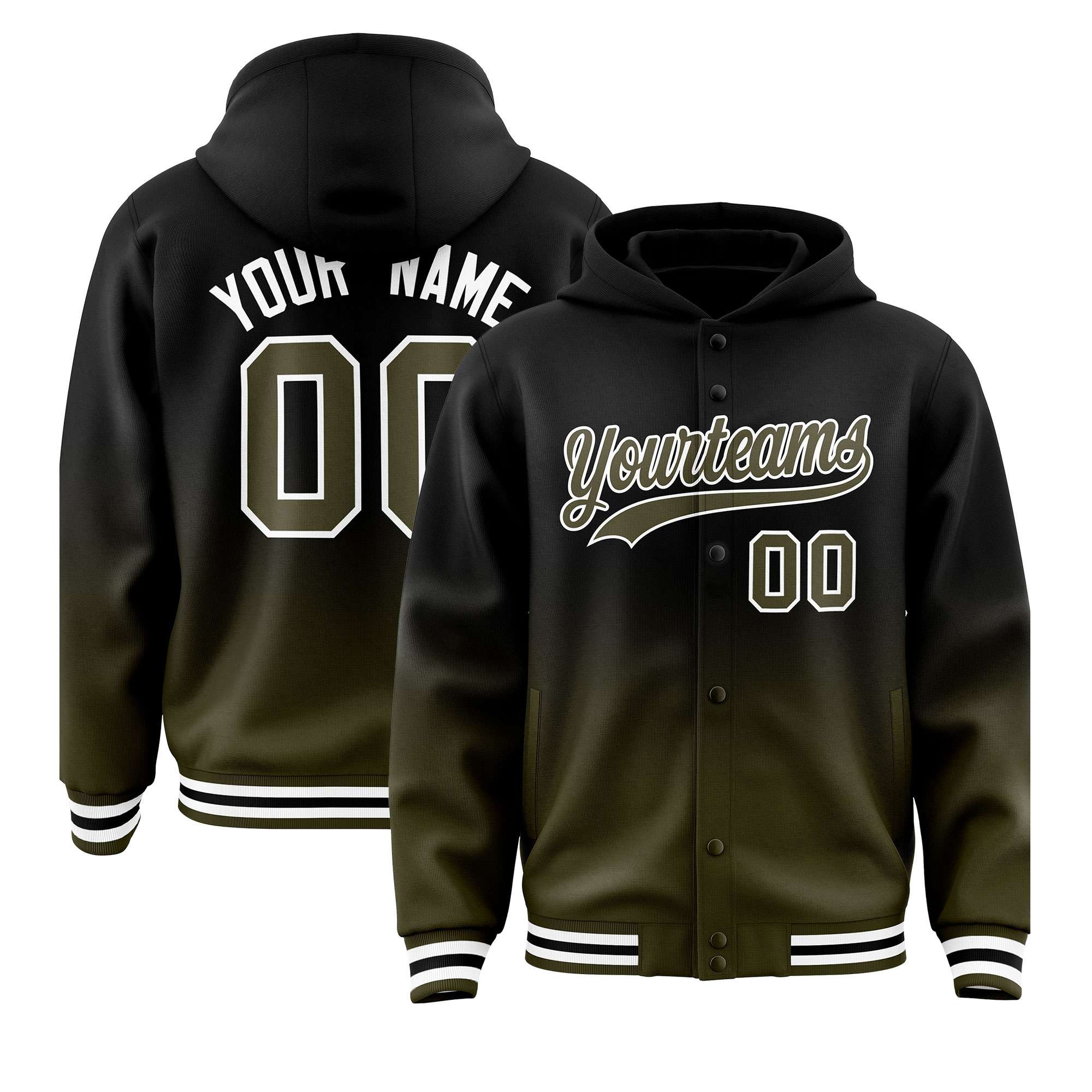 Custom Black Olive Varsity Full-Snap Letterman Gradient Hoodie Jacket