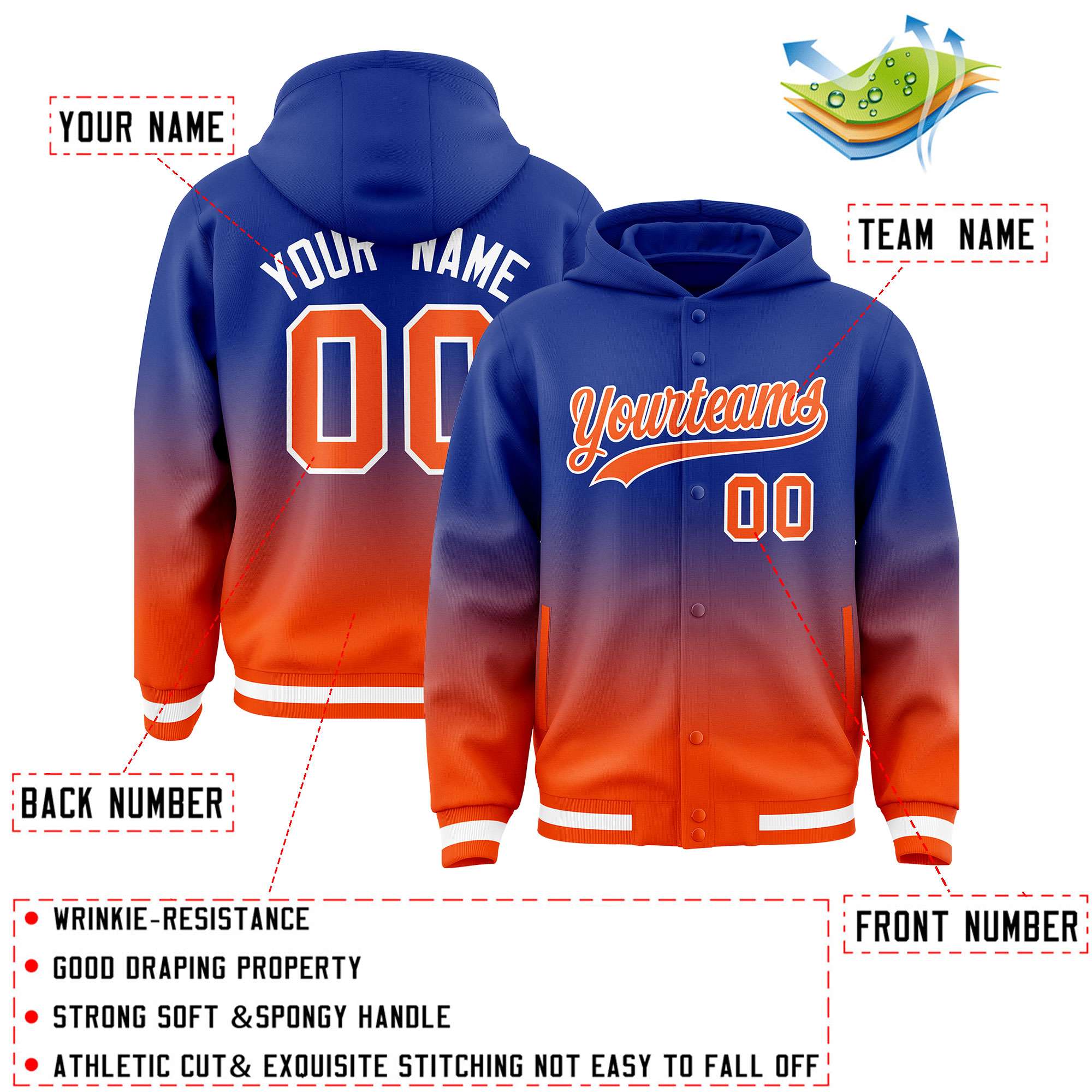 Custom Royal Orange Varsity Full-Snap Letterman Gradient Hoodie Jacket