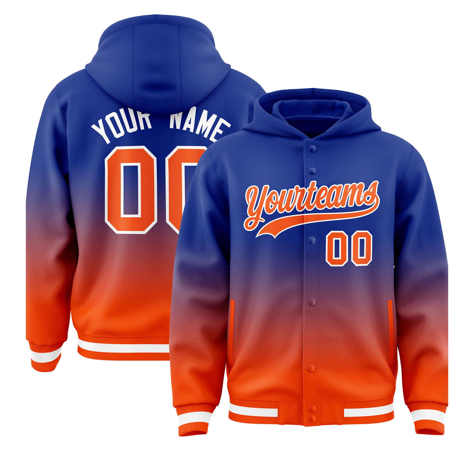 Custom Royal Orange Varsity Full-Snap Letterman Gradient Hoodie Jacket