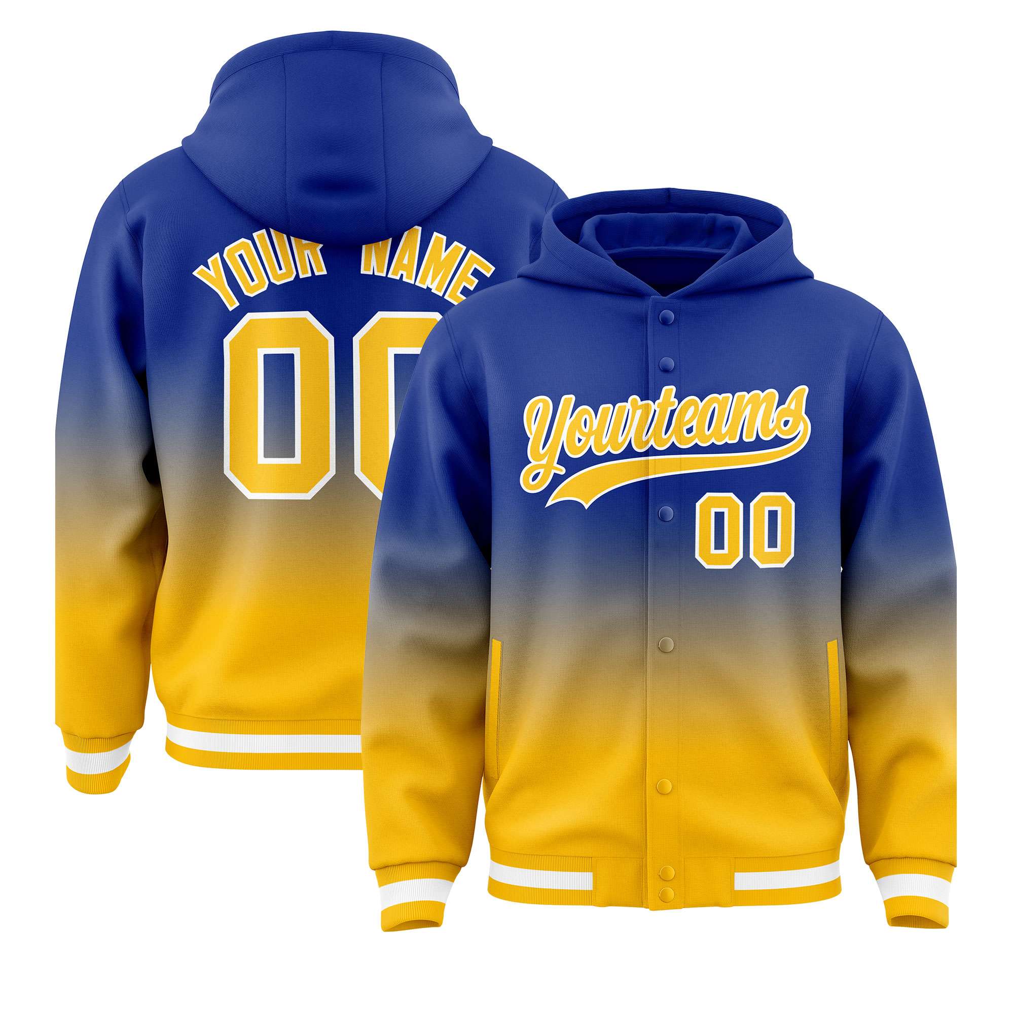 Custom Royal Yellow Varsity Full-Snap Letterman Gradient Hoodie Jacket