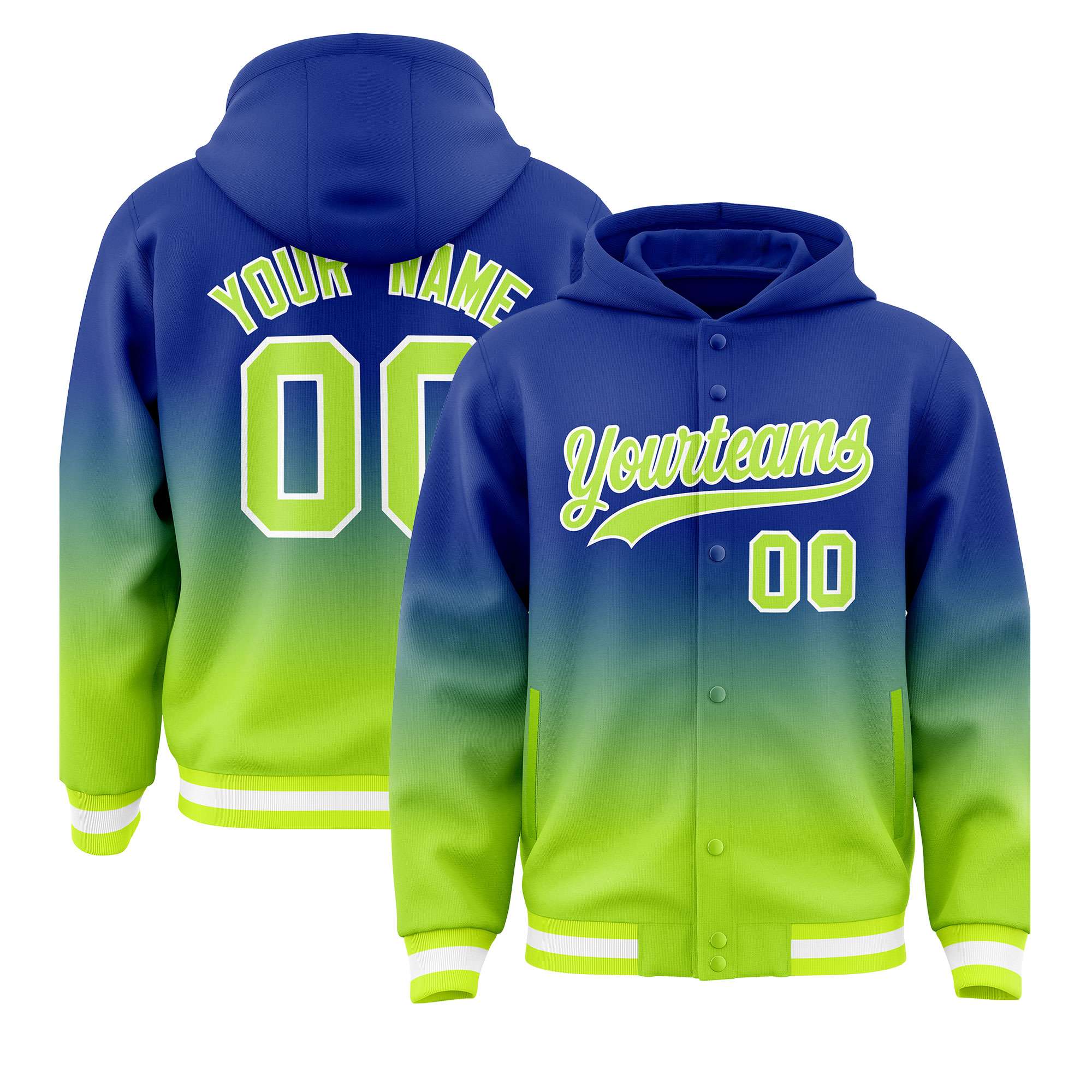 Custom Royal Neon Green Varsity Full-Snap Letterman Gradient Hoodie Jacket