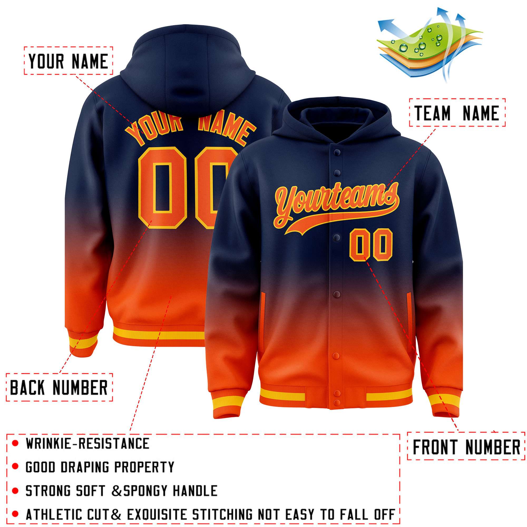 Custom Navy Orange Varsity Full-Snap Letterman Gradient Hoodie Jacket