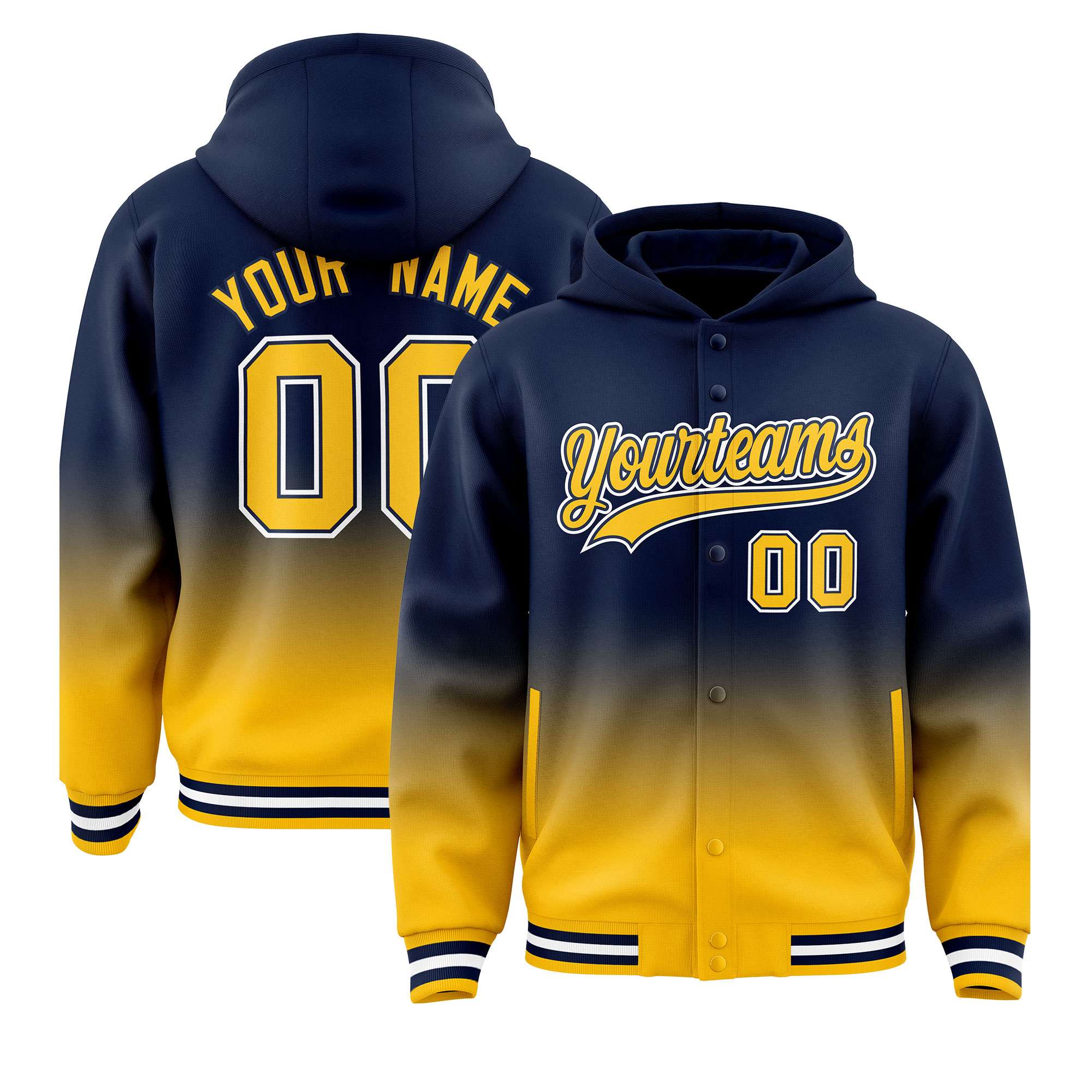 Custom Navy Yellow Varsity Full-Snap Letterman Gradient Hoodie Jacket