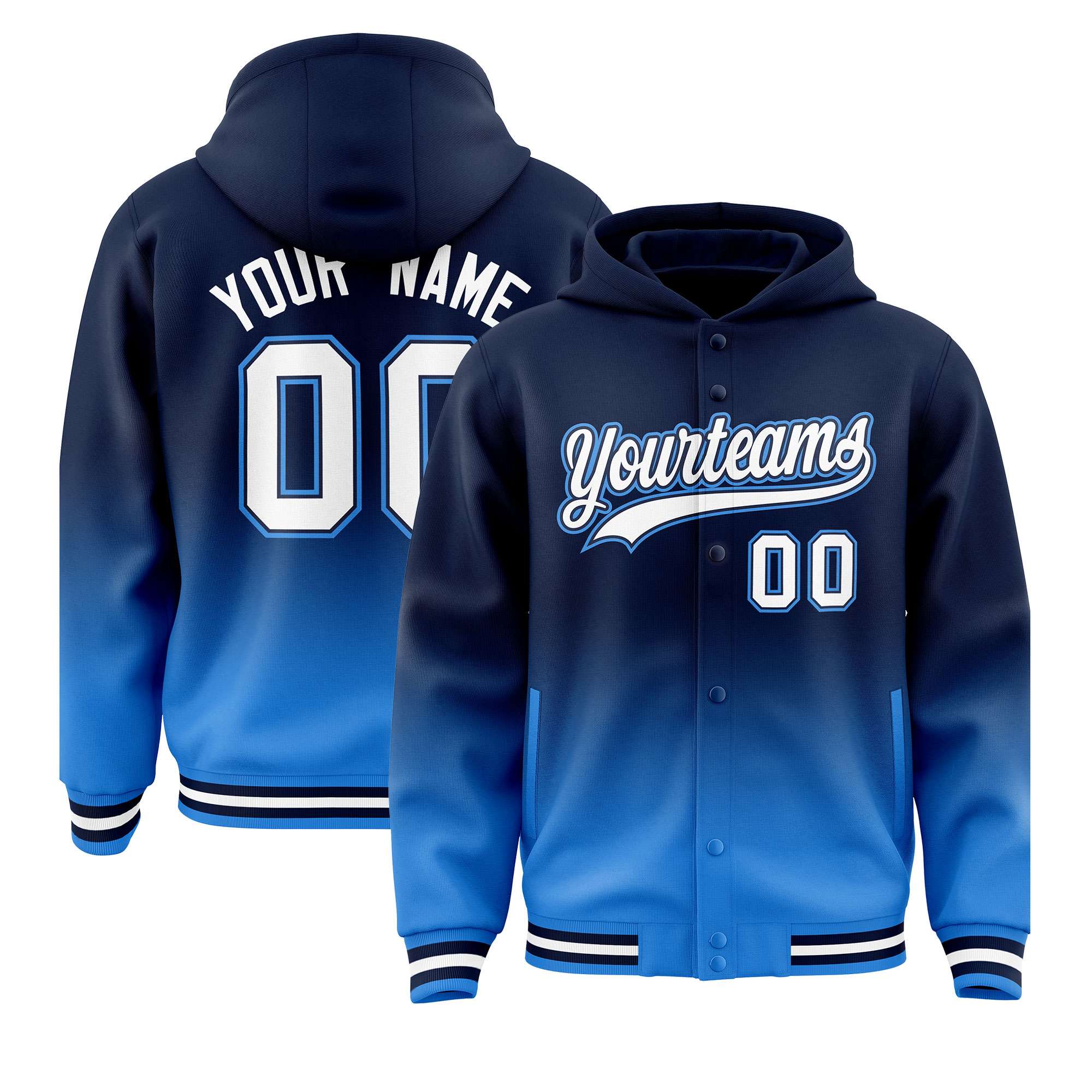 Custom Navy Blue Varsity Full-Snap Letterman Gradient Hoodie Jacket