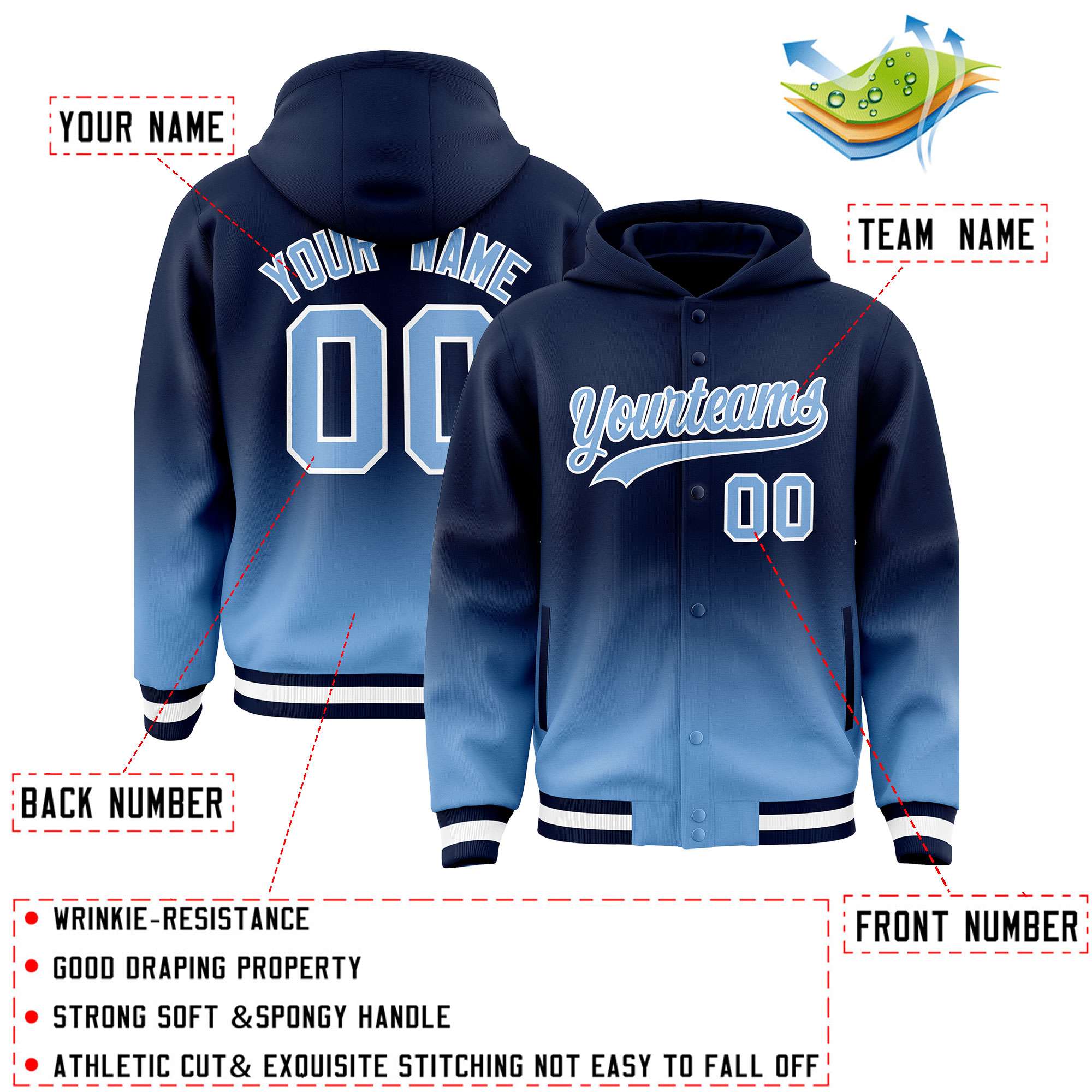 Custom Navy Powder Blue Varsity Full-Snap Letterman Gradient Hoodie Jacket