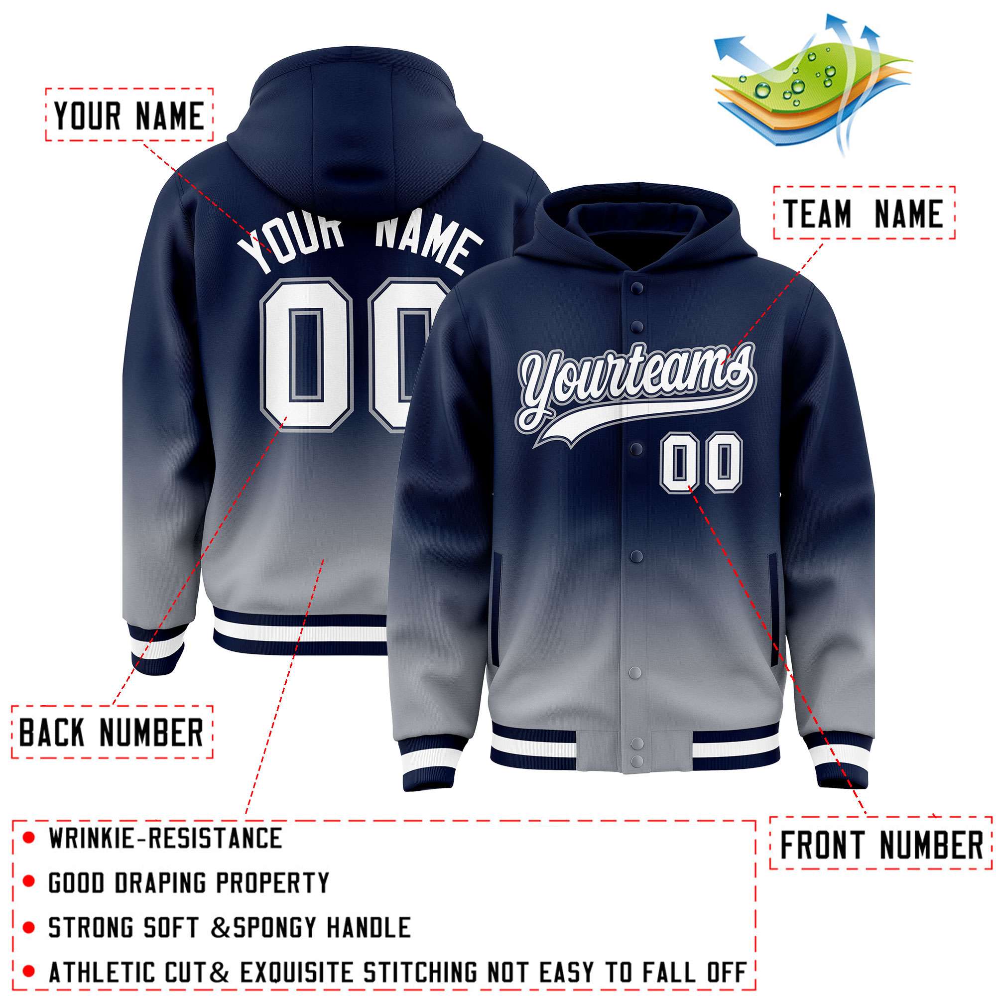 Custom Navy Gray Varsity Full-Snap Letterman Gradient Hoodie Jacket