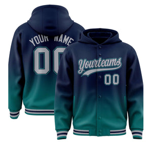 Custom Navy Aqua Varsity Full-Snap Letterman Gradient Hoodie Jacket