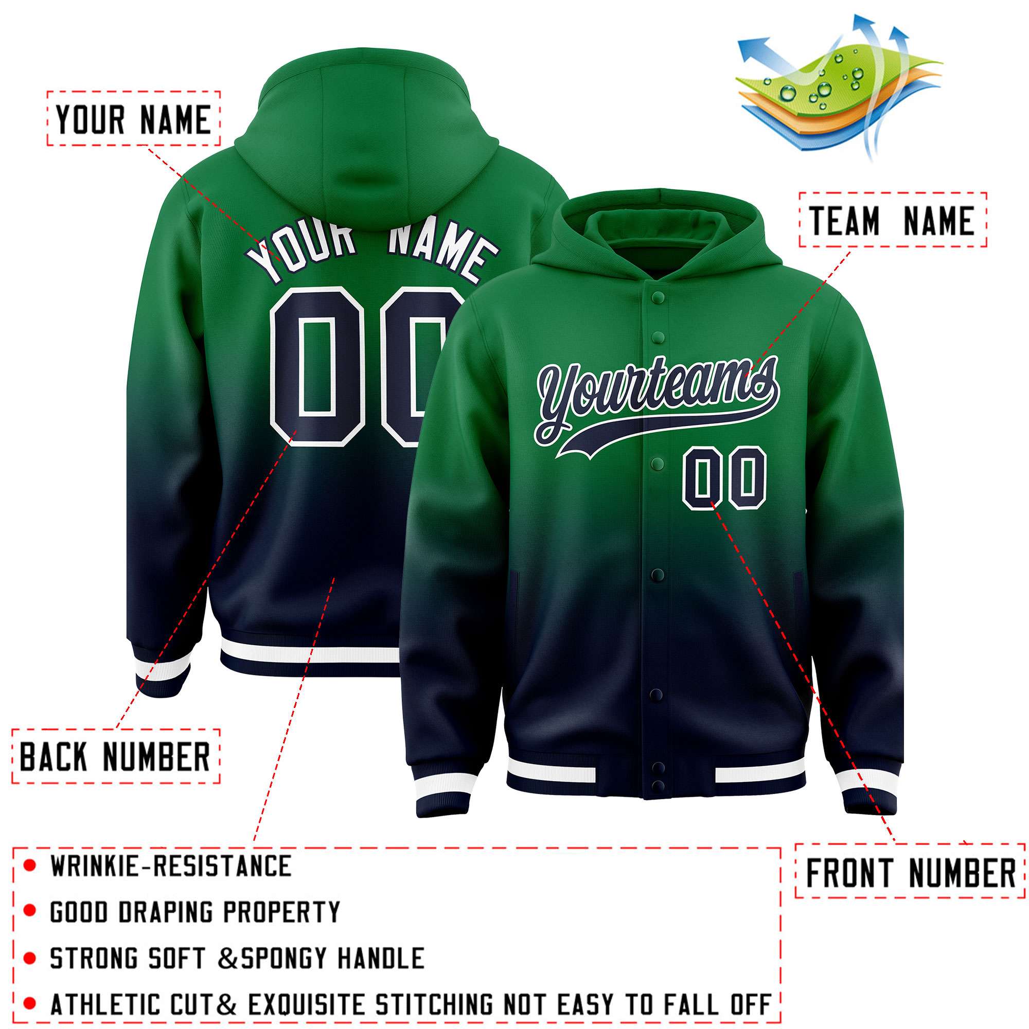 Custom Green Navy Varsity Full-Snap Letterman Gradient Hoodie Jacket