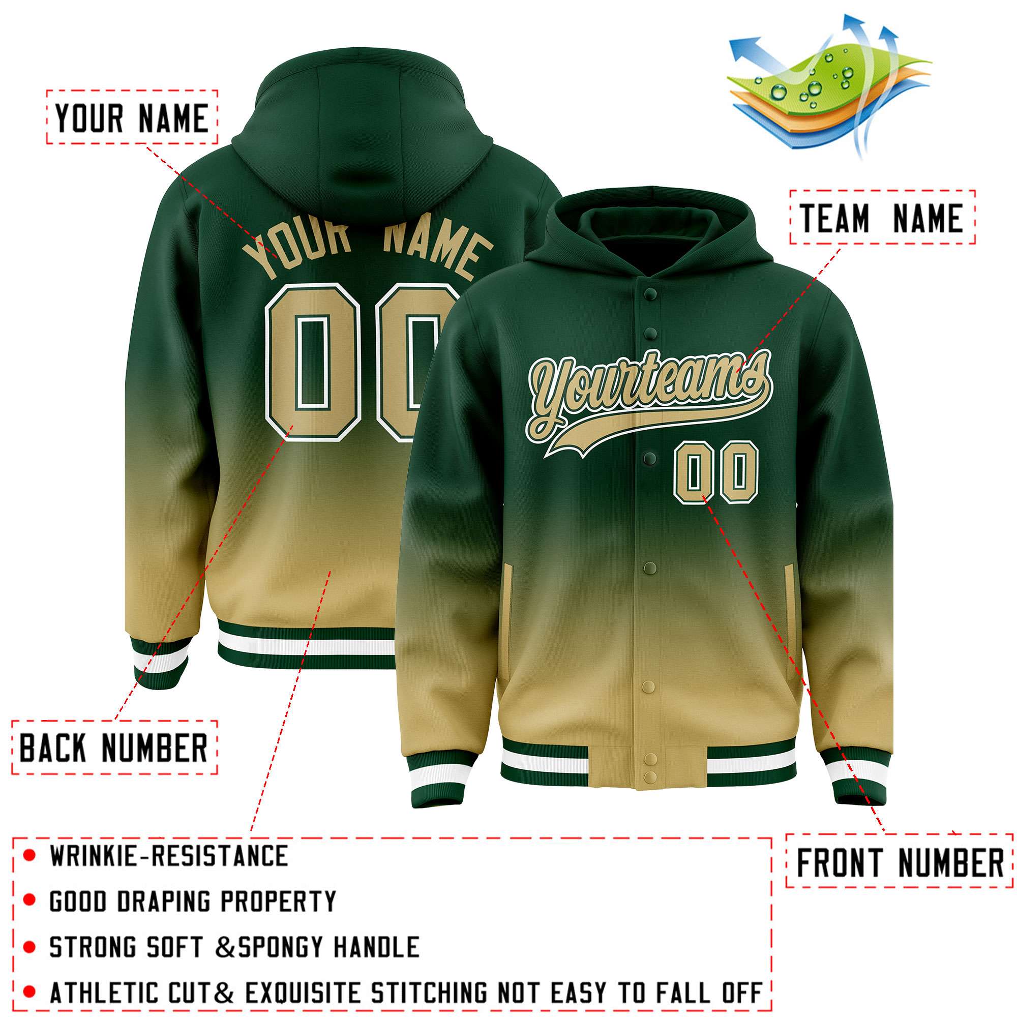 Custom Green Khaki Varsity Full-Snap Letterman Gradient Hoodie Jacket