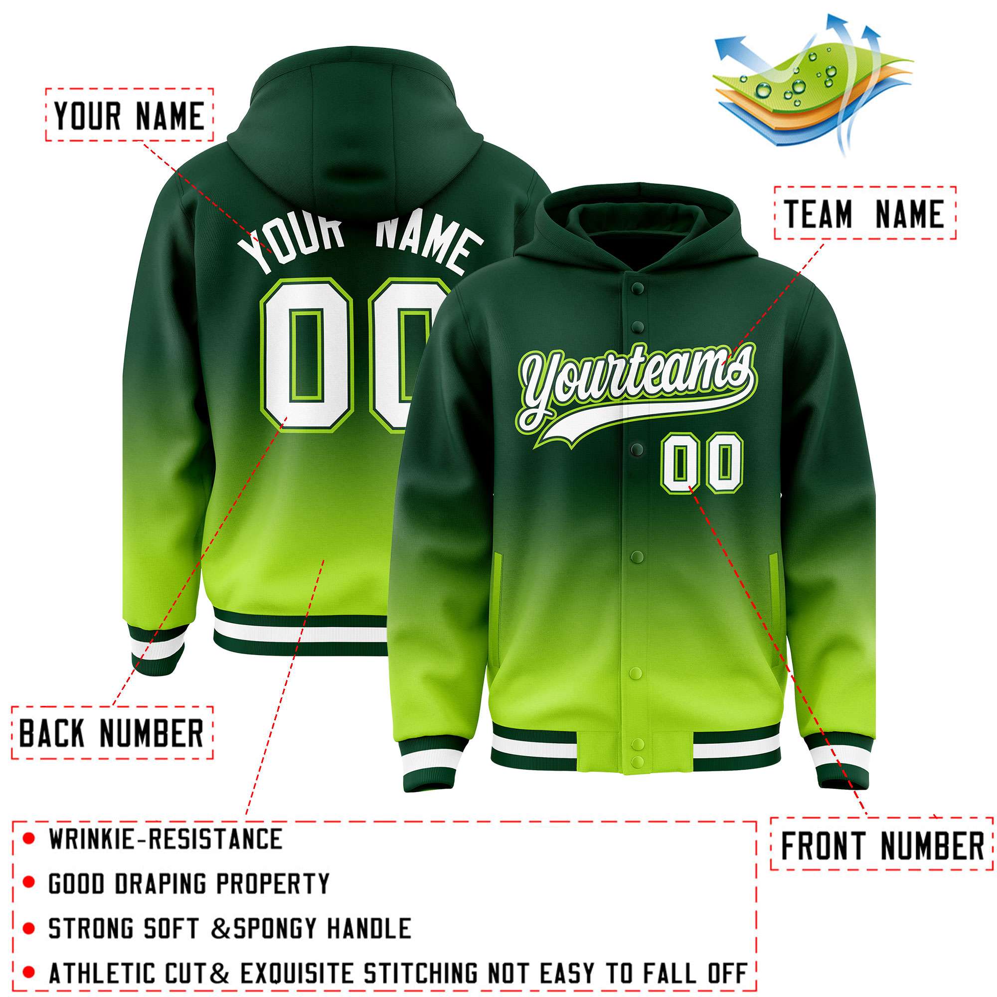 Custom Green Neon Green Varsity Full-Snap Letterman Gradient Hoodie Jacket