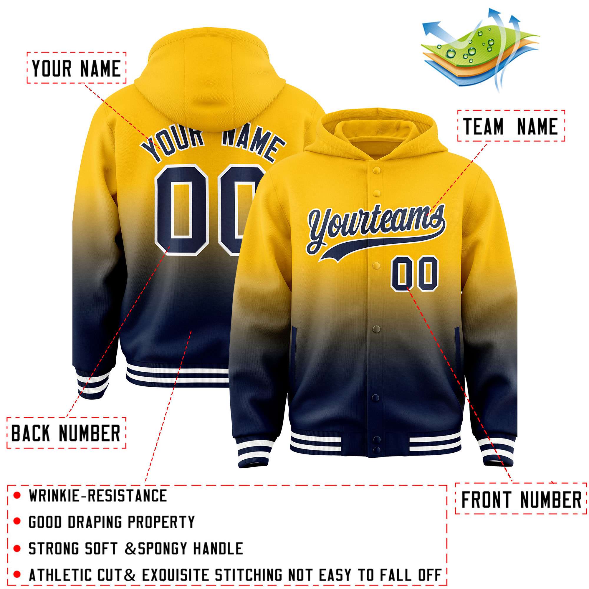 Custom Yellow Navy Varsity Full-Snap Letterman Gradient Hoodie Jacket