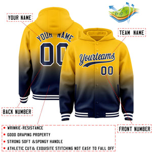 Custom Yellow Navy Varsity Full-Snap Letterman Gradient Hoodie Jacket