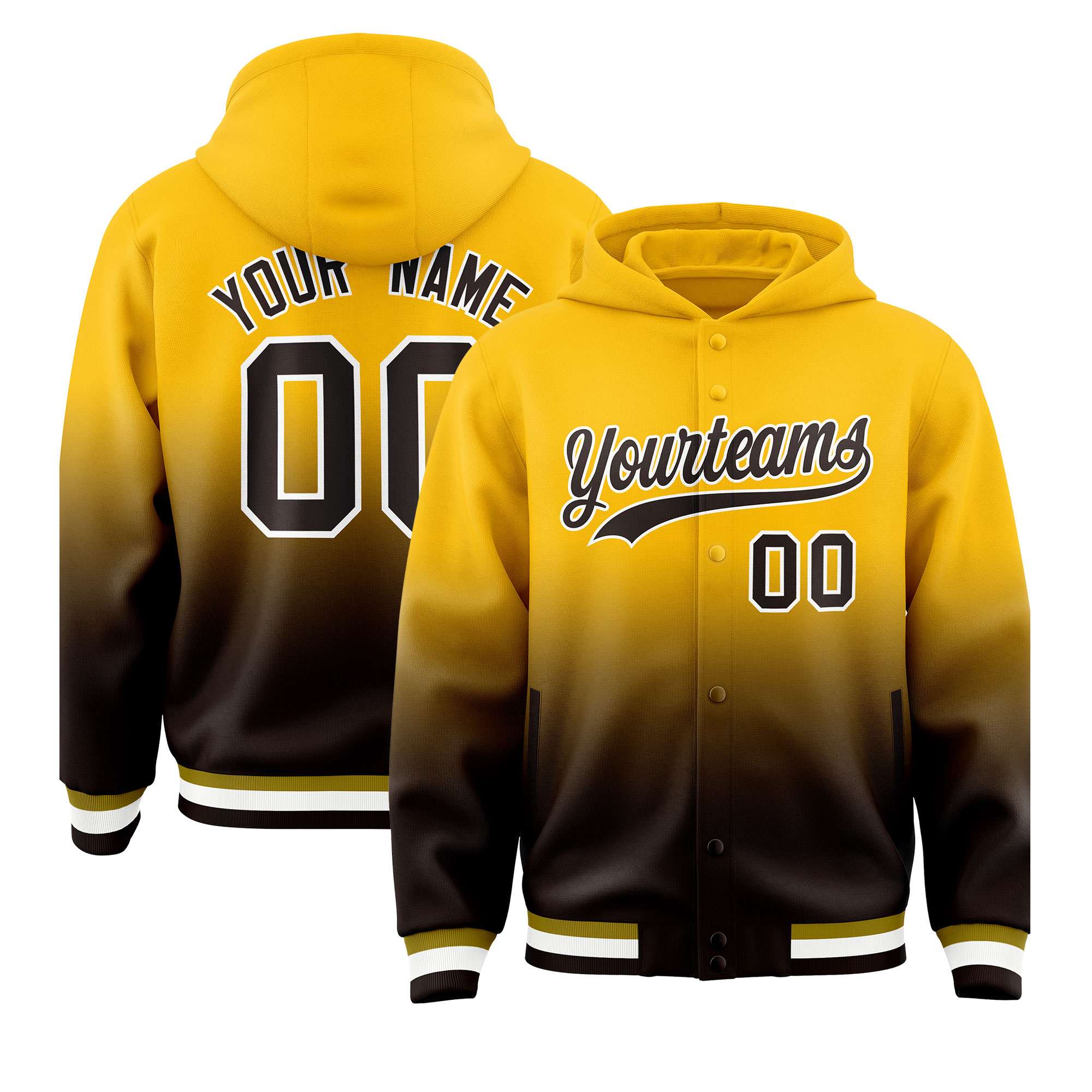 Custom Yellow Brown Varsity Full-Snap Letterman Gradient Hoodie Jacket