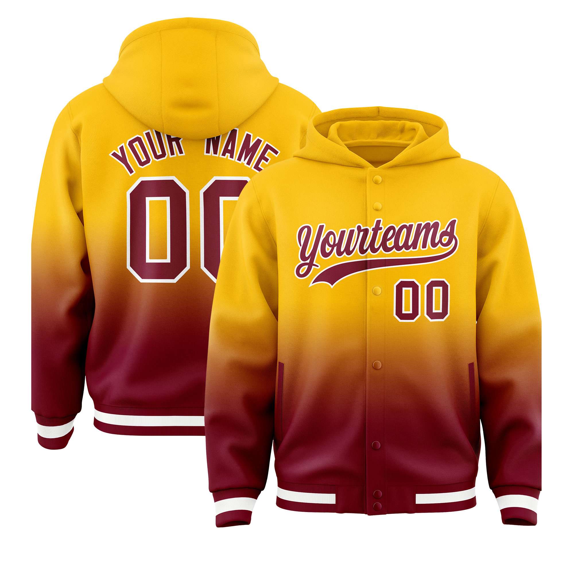 Custom Yellow Crimson Varsity Full-Snap Letterman Gradient Hoodie Jacket