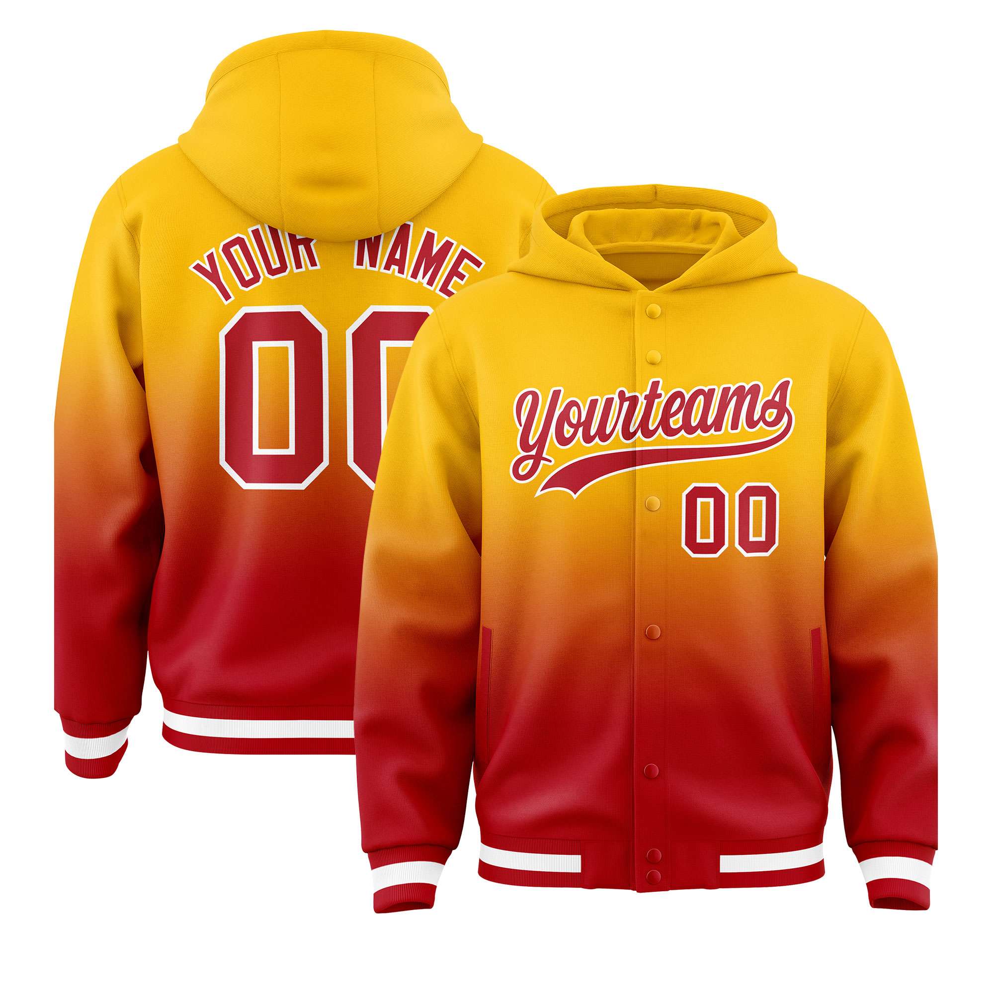 Custom Yellow Red Varsity Full-Snap Letterman Gradient Hoodie Jacket