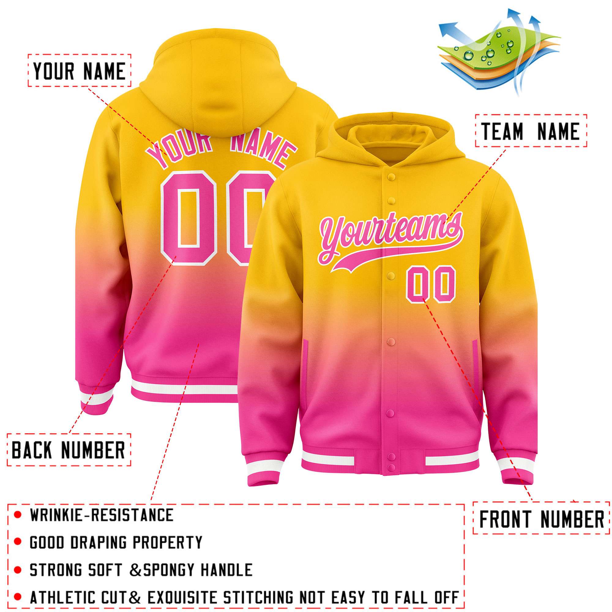 Custom Yellow Pink Varsity Full-Snap Letterman Gradient Hoodie Jacket