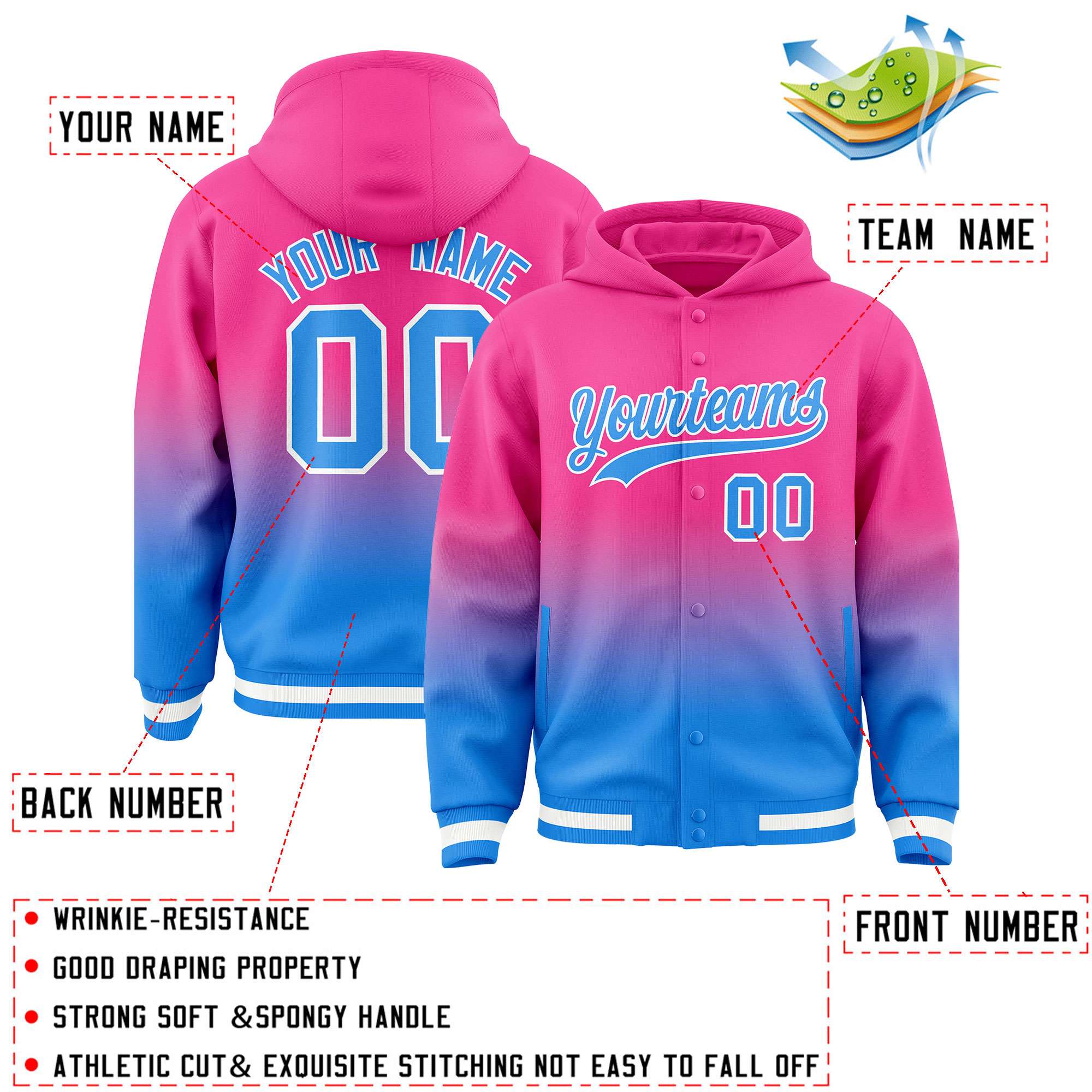 Custom Pink Blue Varsity Full-Snap Letterman Gradient Hoodie Jacket