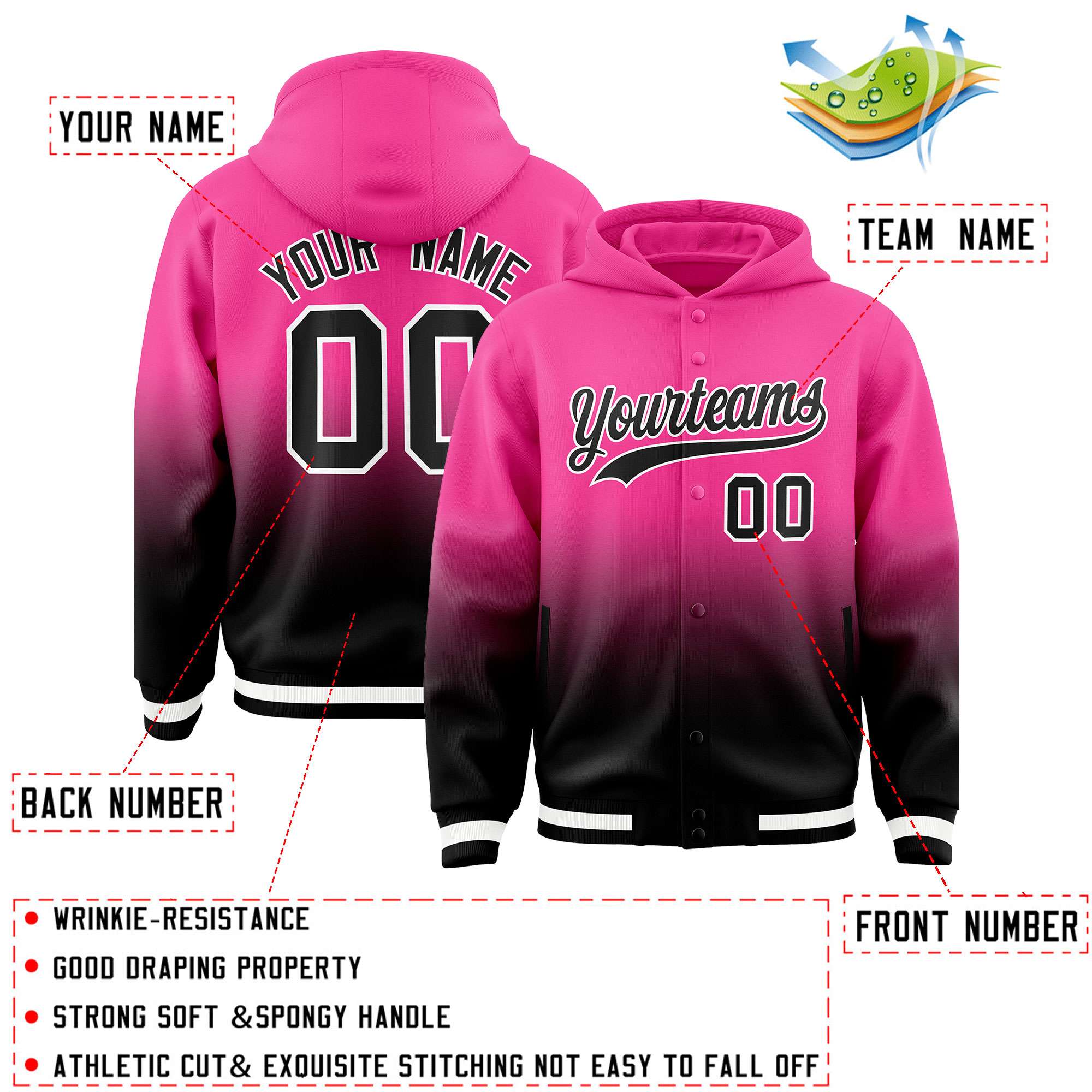 Custom Pink Black Varsity Full-Snap Letterman Gradient Hoodie Jacket