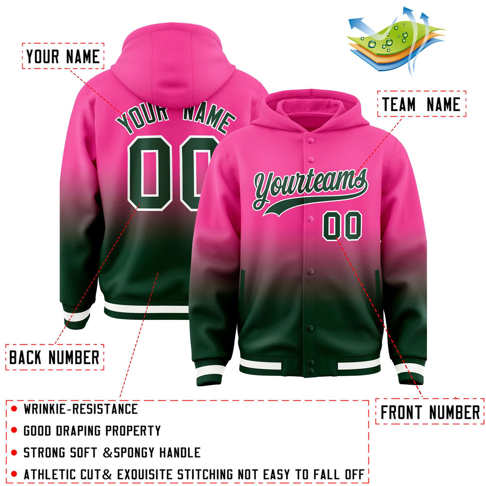 Custom Pink Green Varsity Full-Snap Letterman Gradient Hoodie Jacket