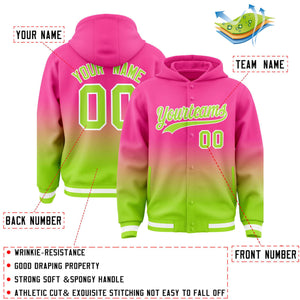 Custom Pink Neon Green Varsity Full-Snap Letterman Gradient Hoodie Jacket