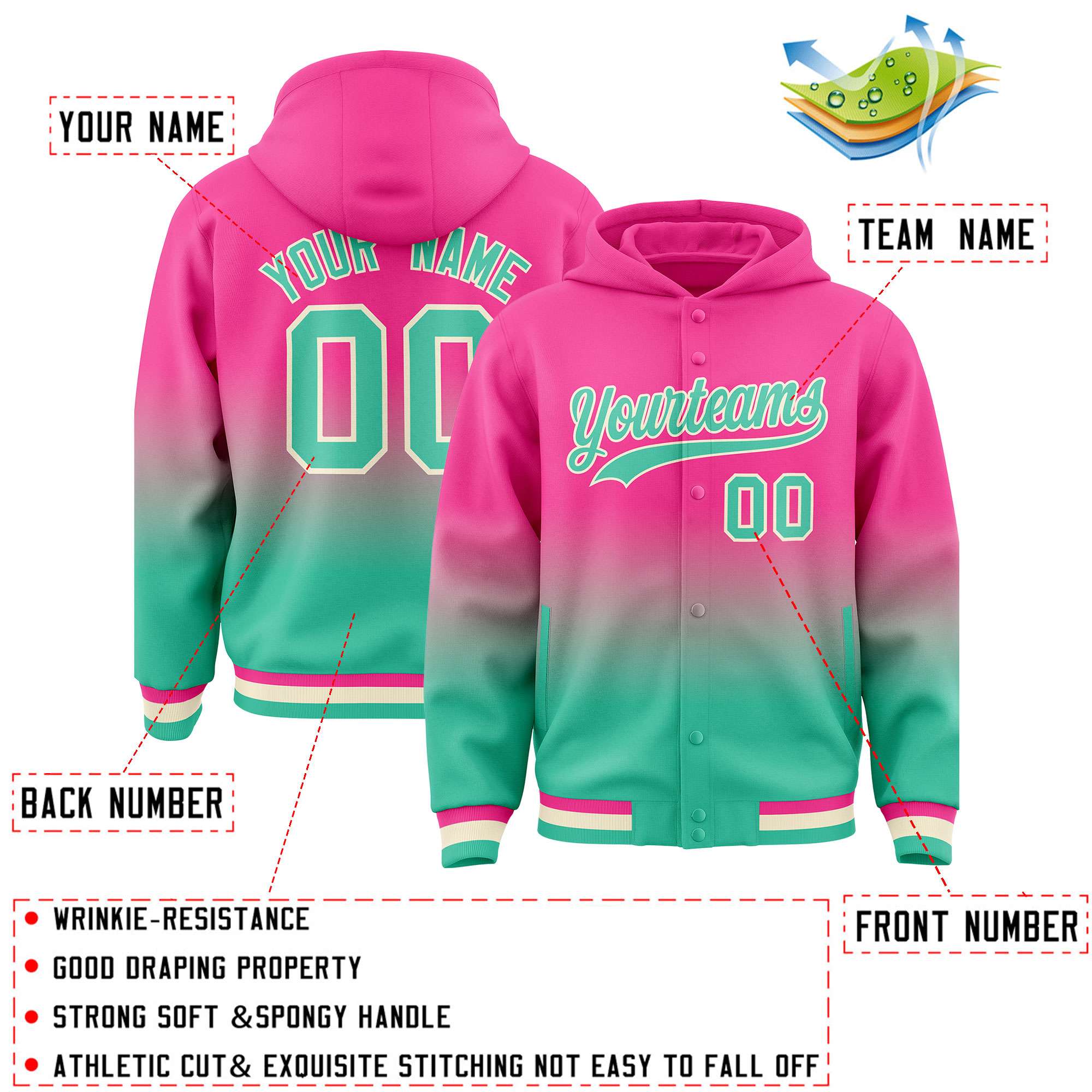 Custom Pink Bright Green Varsity Full-Snap Letterman Gradient Hoodie Jacket