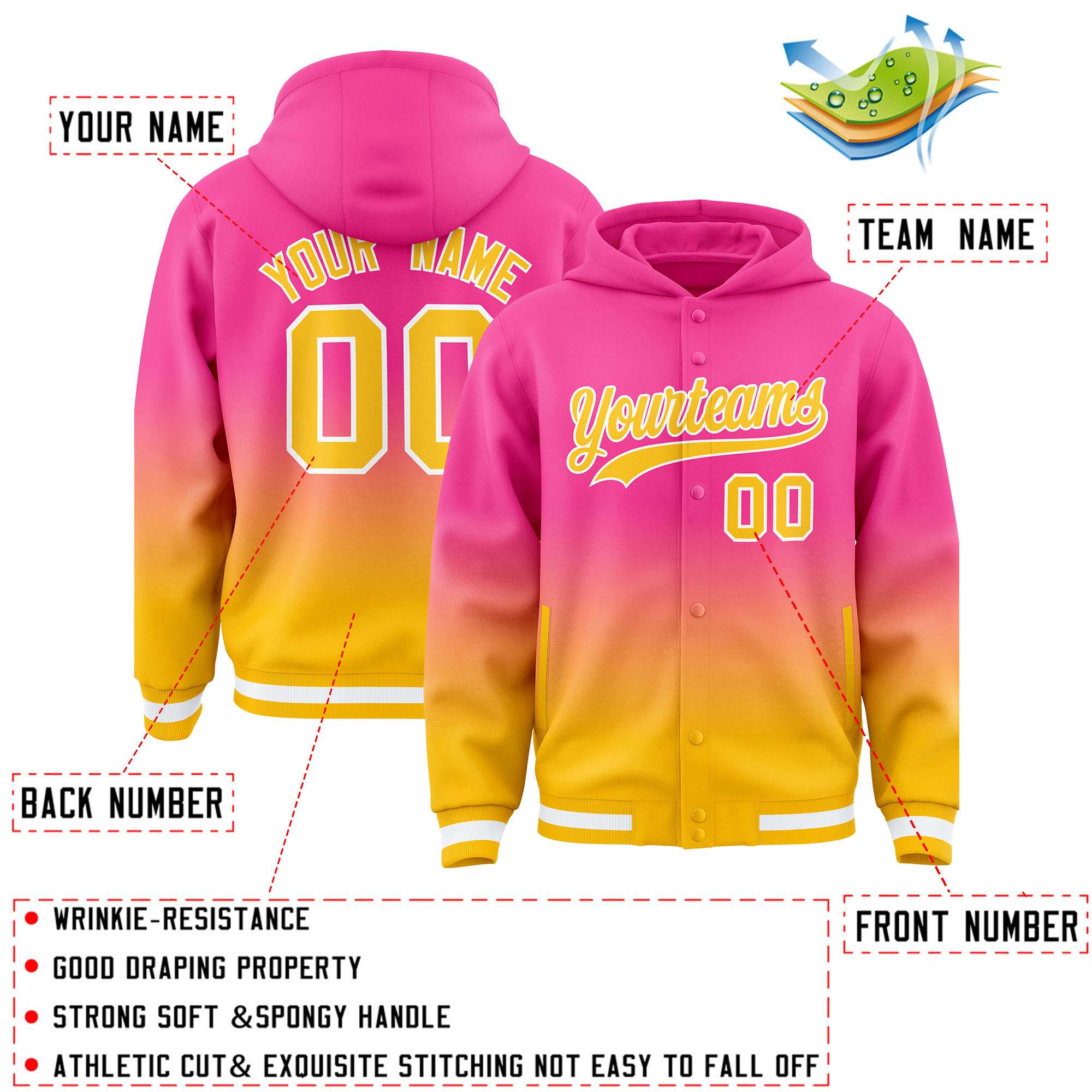 Custom Pink Yellow Varsity Full-Snap Letterman Gradient Hoodie Jacket