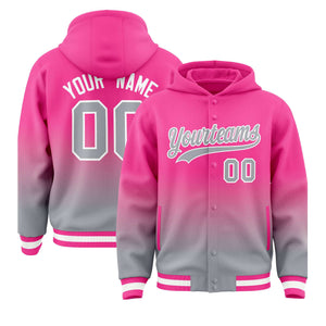 Custom Pink Gray Varsity Full-Snap Letterman Gradient Hoodie Jacket