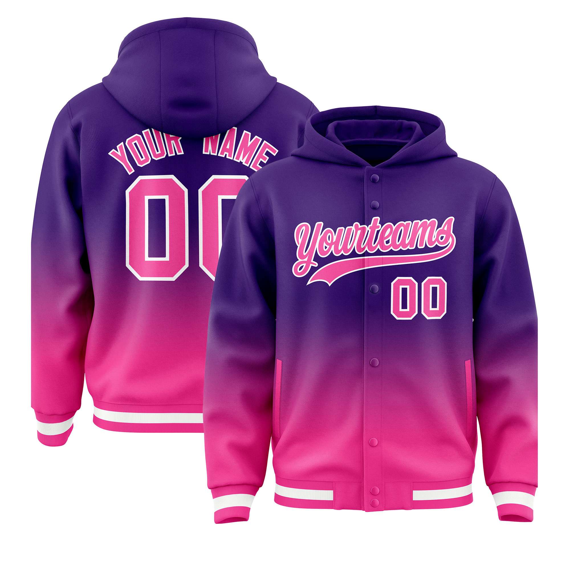 Custom Purple Pink Varsity Full-Snap Letterman Gradient Hoodie Jacket