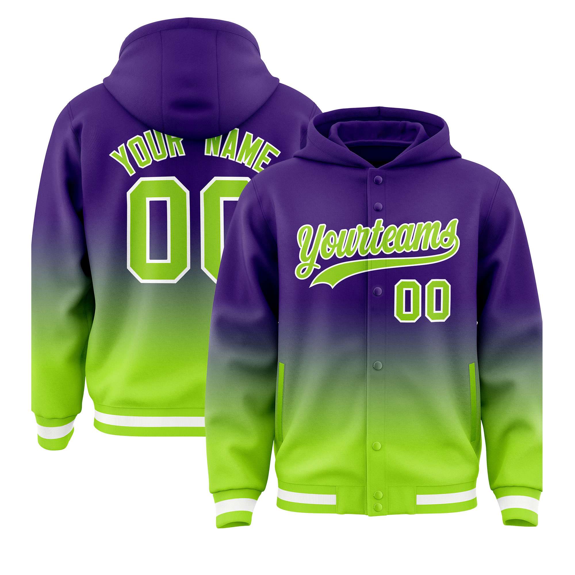 Custom Purple Neon Green Varsity Full-Snap Letterman Gradient Hoodie Jacket