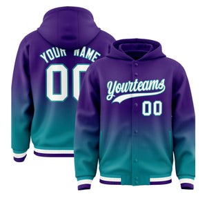 Custom Purple Teal Varsity Full-Snap Letterman Gradient Hoodie Jacket