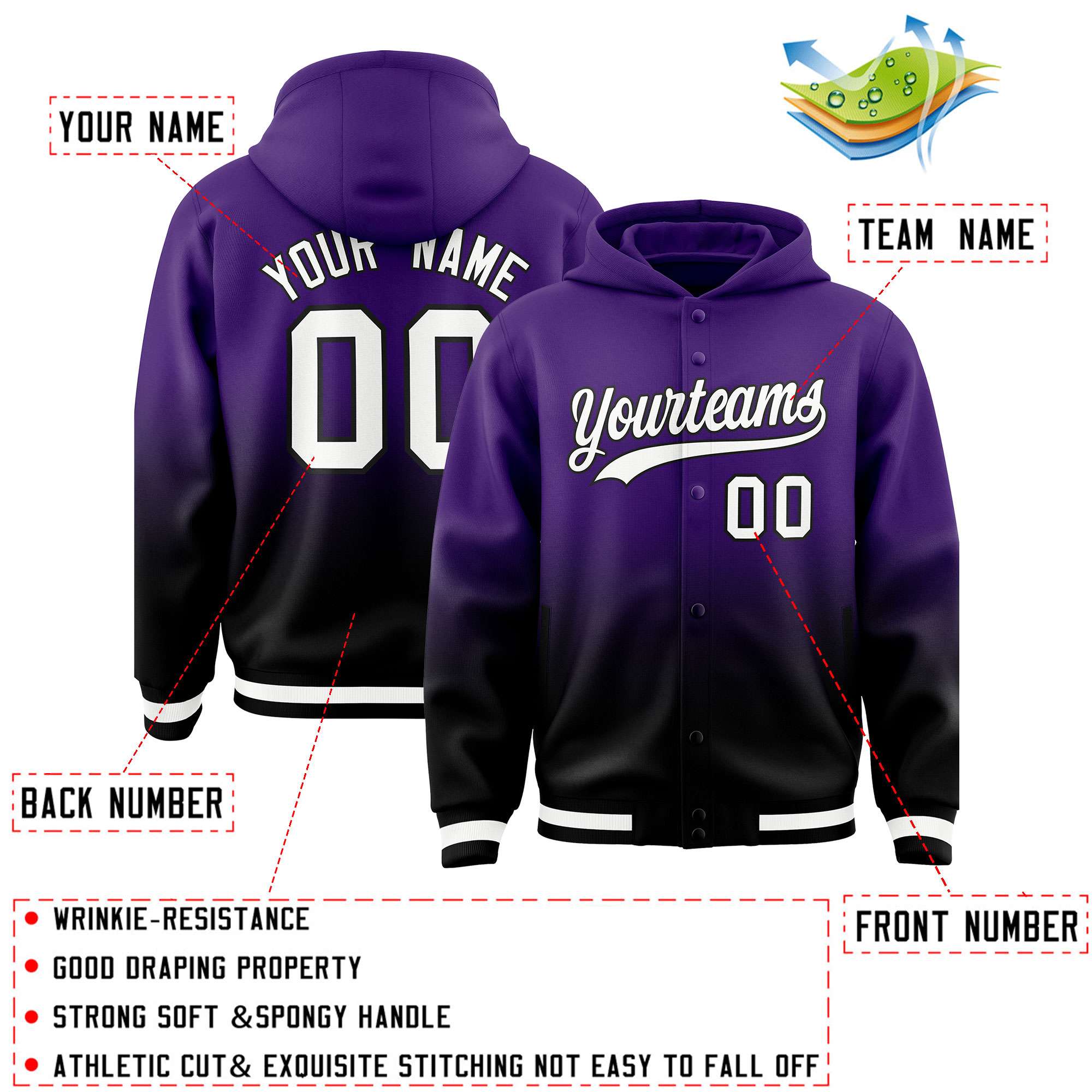 Custom Purple Black Varsity Full-Snap Letterman Gradient Hoodie Jacket