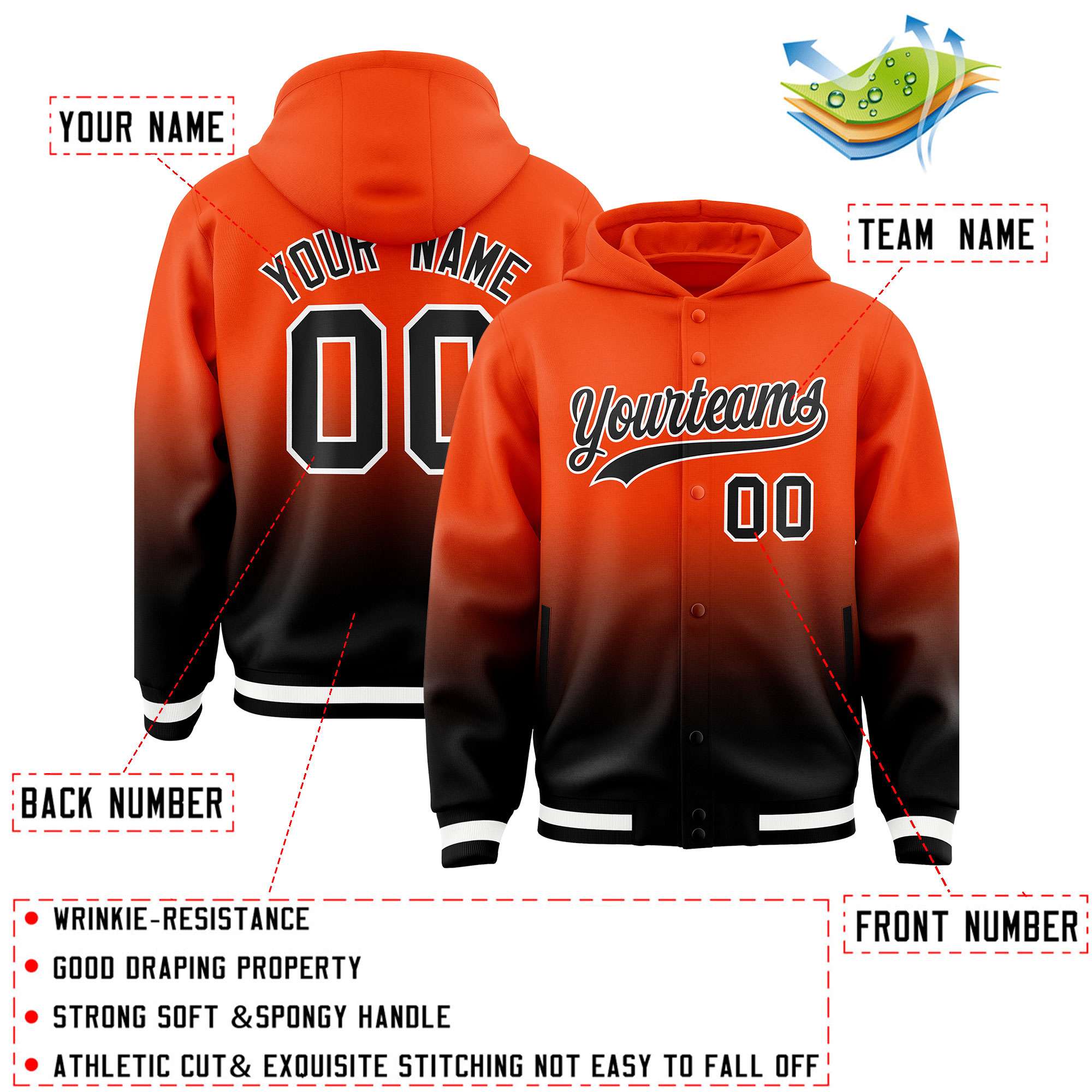 Custom Orange Black Varsity Full-Snap Letterman Gradient Hoodie Jacket