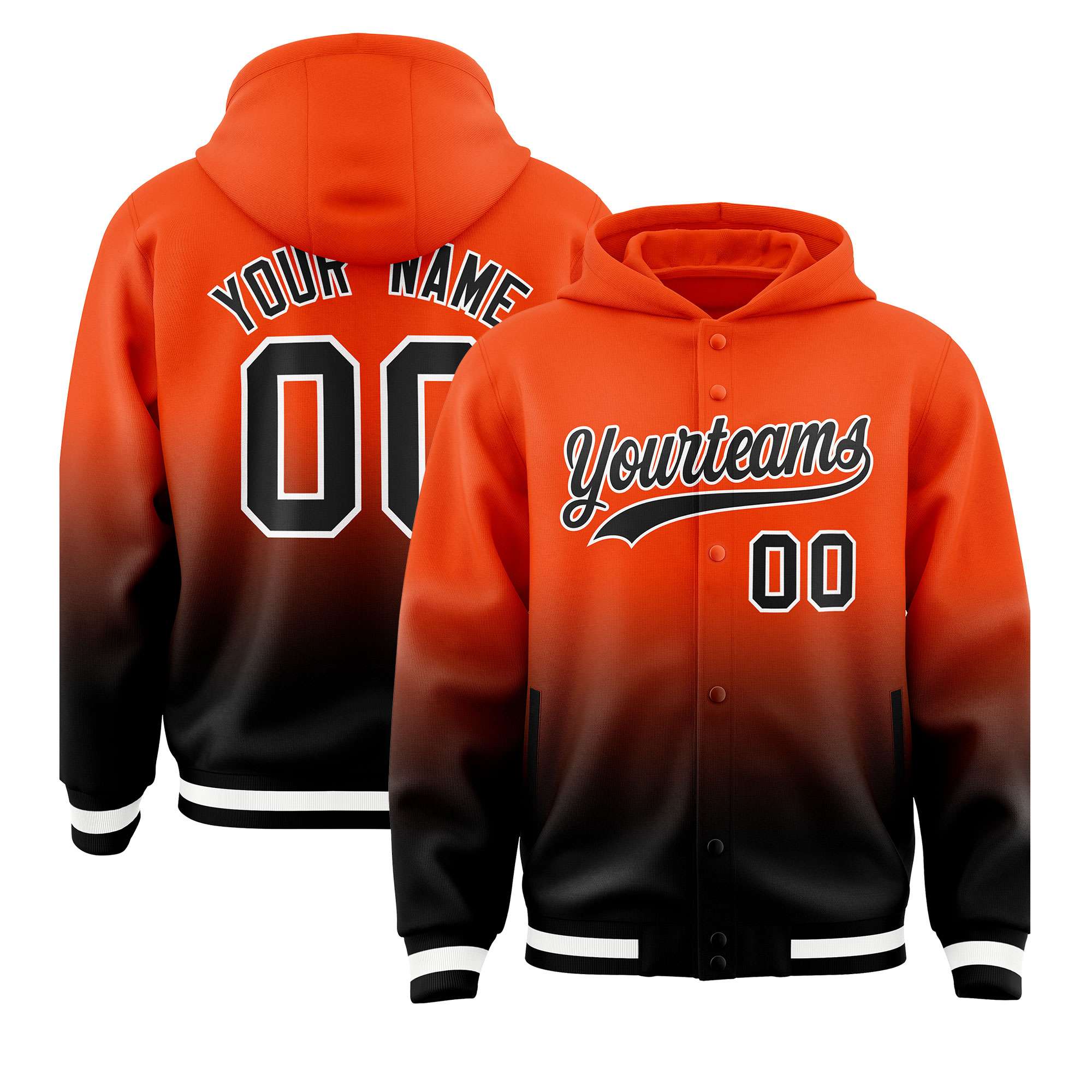 Custom Orange Black Varsity Full-Snap Letterman Gradient Hoodie Jacket