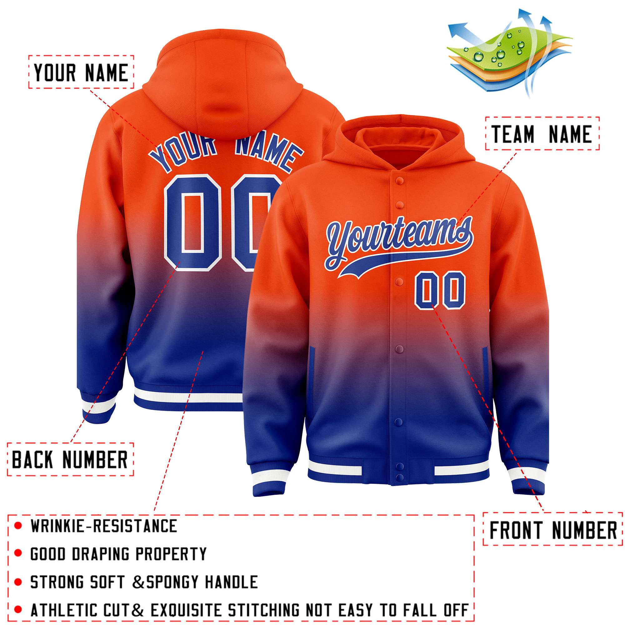 Custom Orange Royal Varsity Full-Snap Letterman Gradient Hoodie Jacket