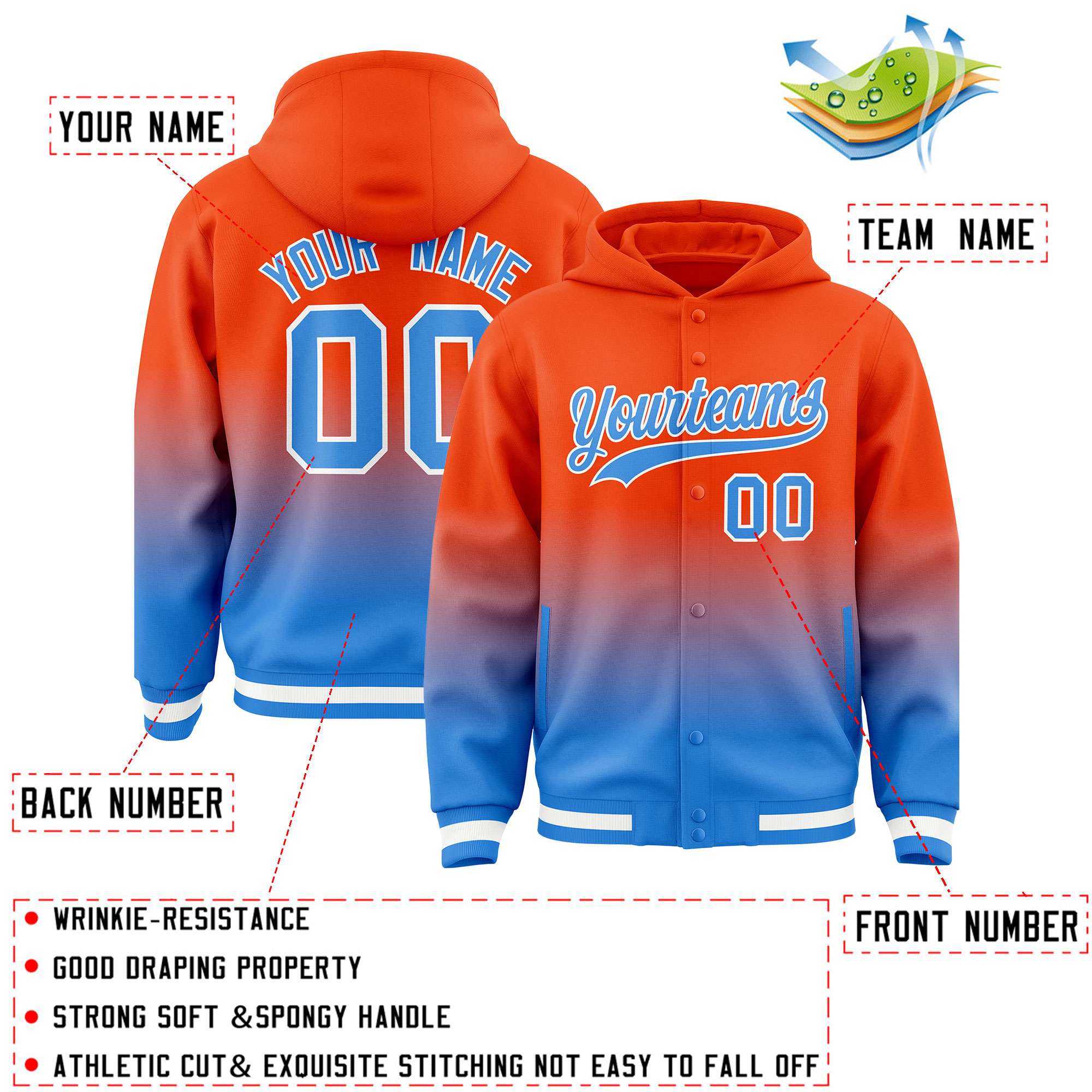 Custom Orange Blue Varsity Full-Snap Letterman Gradient Hoodie Jacket