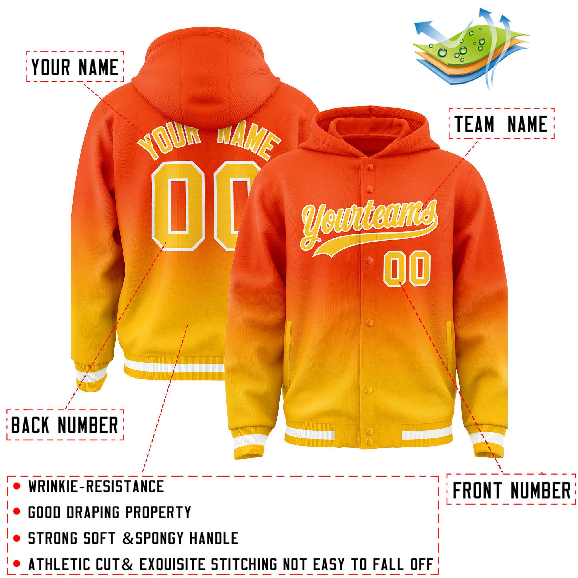 Custom Orange Yellow Varsity Full-Snap Letterman Gradient Hoodie Jacket