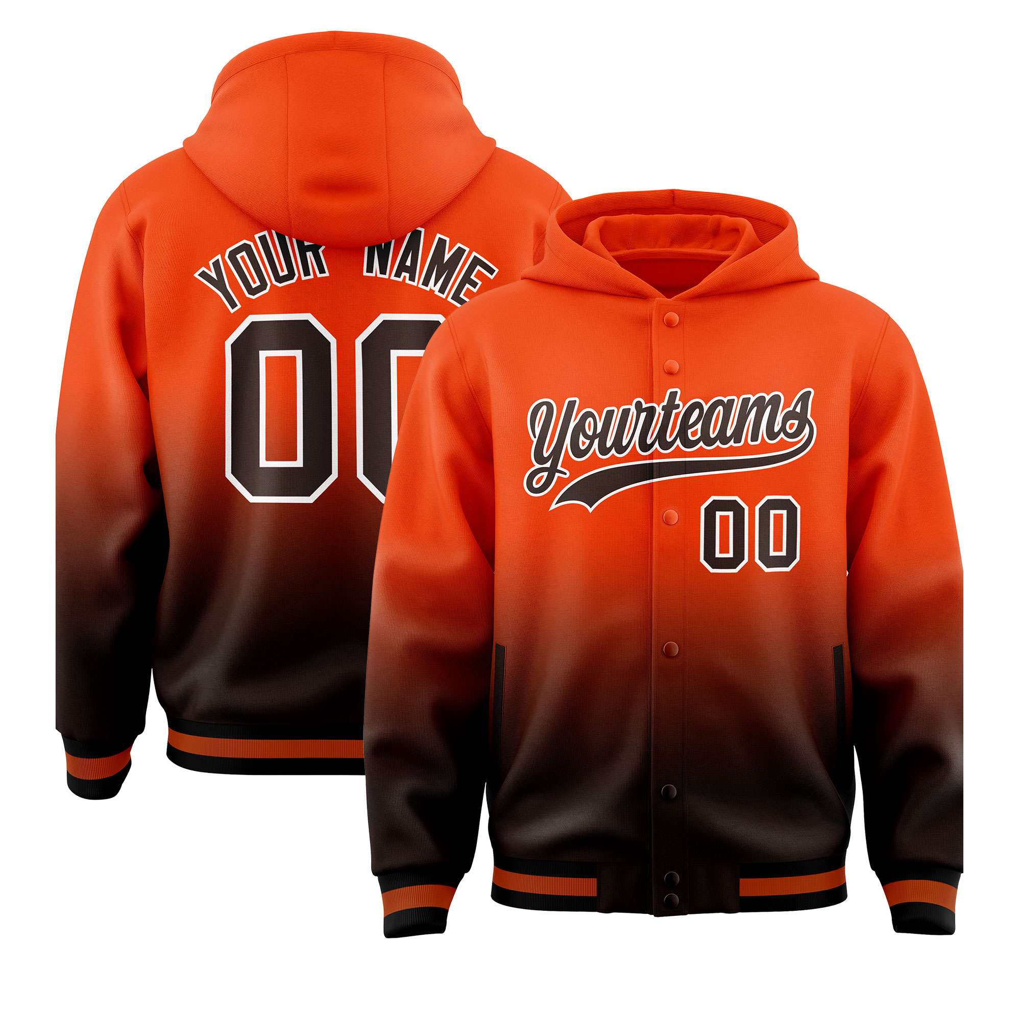 Custom Orange Brown Varsity Full-Snap Letterman Gradient Hoodie Jacket