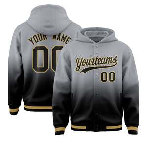 Custom Gray Black Varsity Full-Snap Letterman Gradient Hoodie Jacket