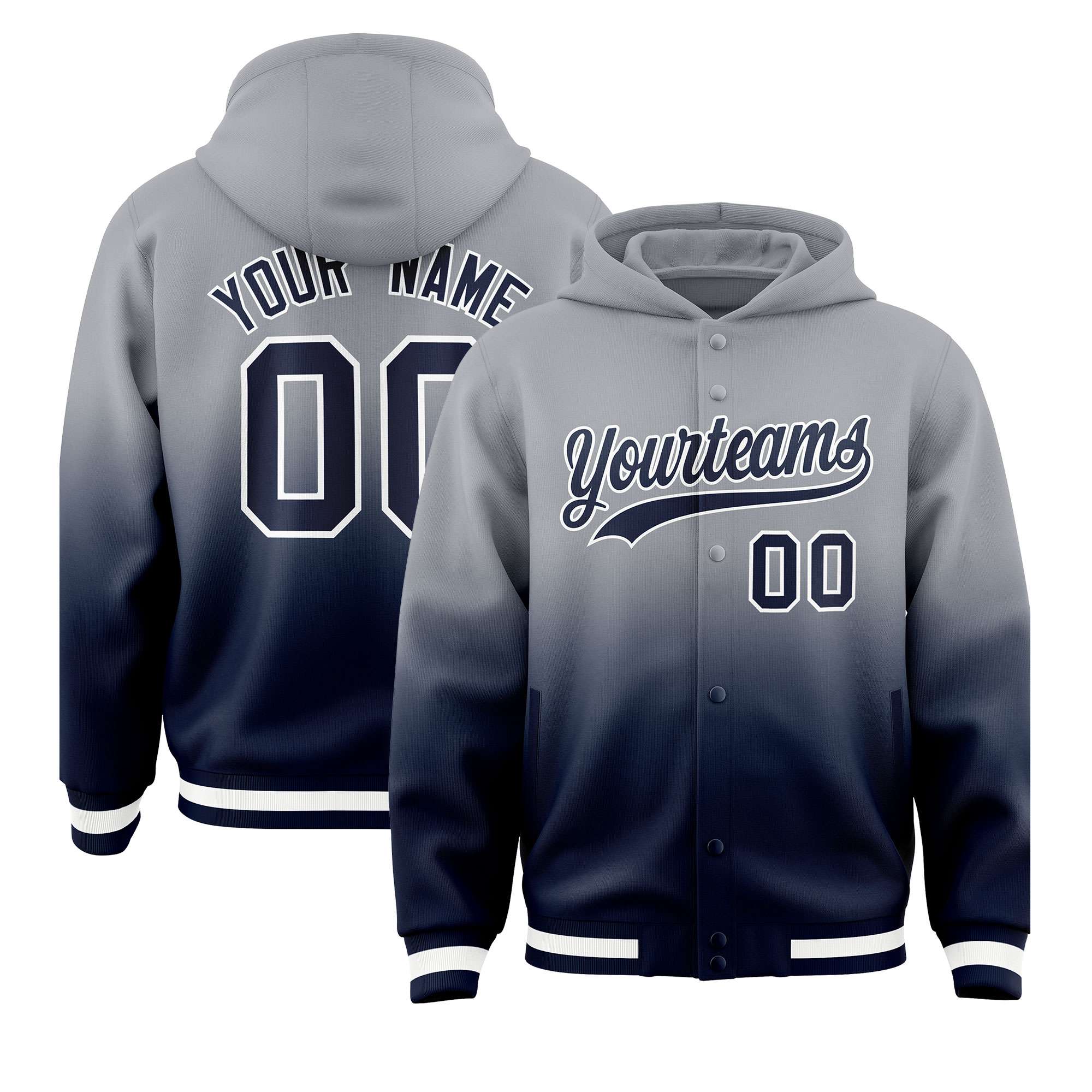 Custom Gray Navy Varsity Full-Snap Letterman Gradient Hoodie Jacket