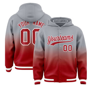 Custom Gray Red Varsity Full-Snap Letterman Gradient Hoodie Jacket