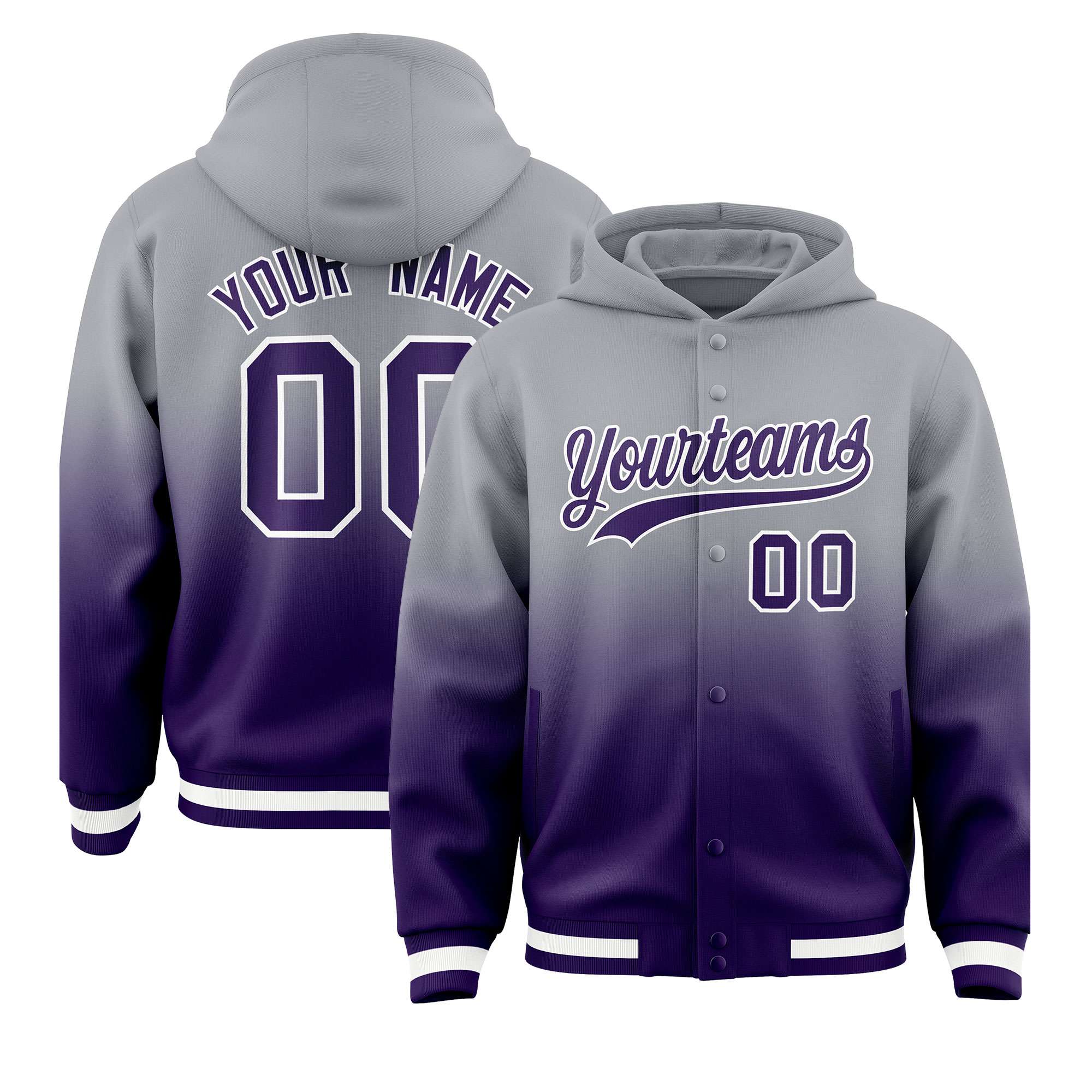 Custom Gray Purple Varsity Full-Snap Letterman Gradient Hoodie Jacket