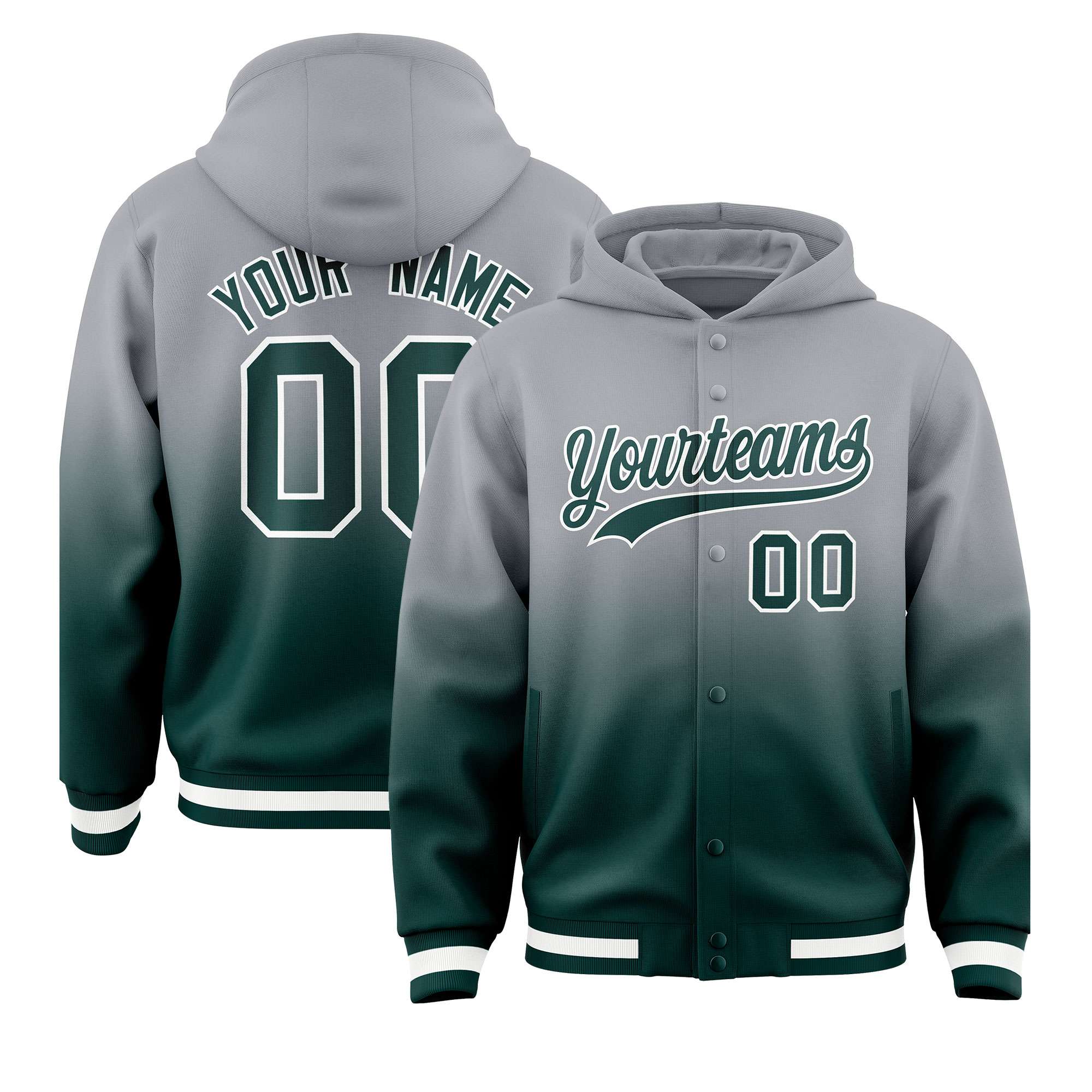 Custom Gray Midnight Green Varsity Full-Snap Letterman Gradient Hoodie Jacket