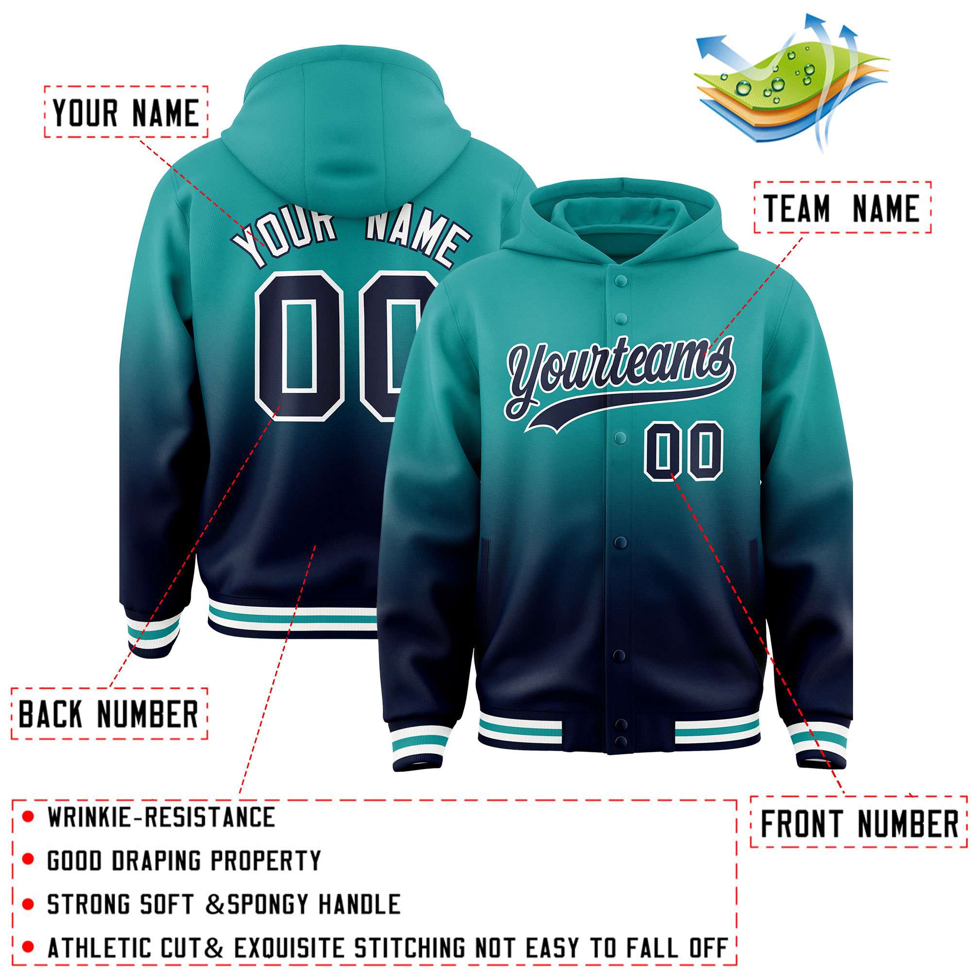 Custom Aqua Navy Varsity Full-Snap Letterman Gradient Hoodie Jacket