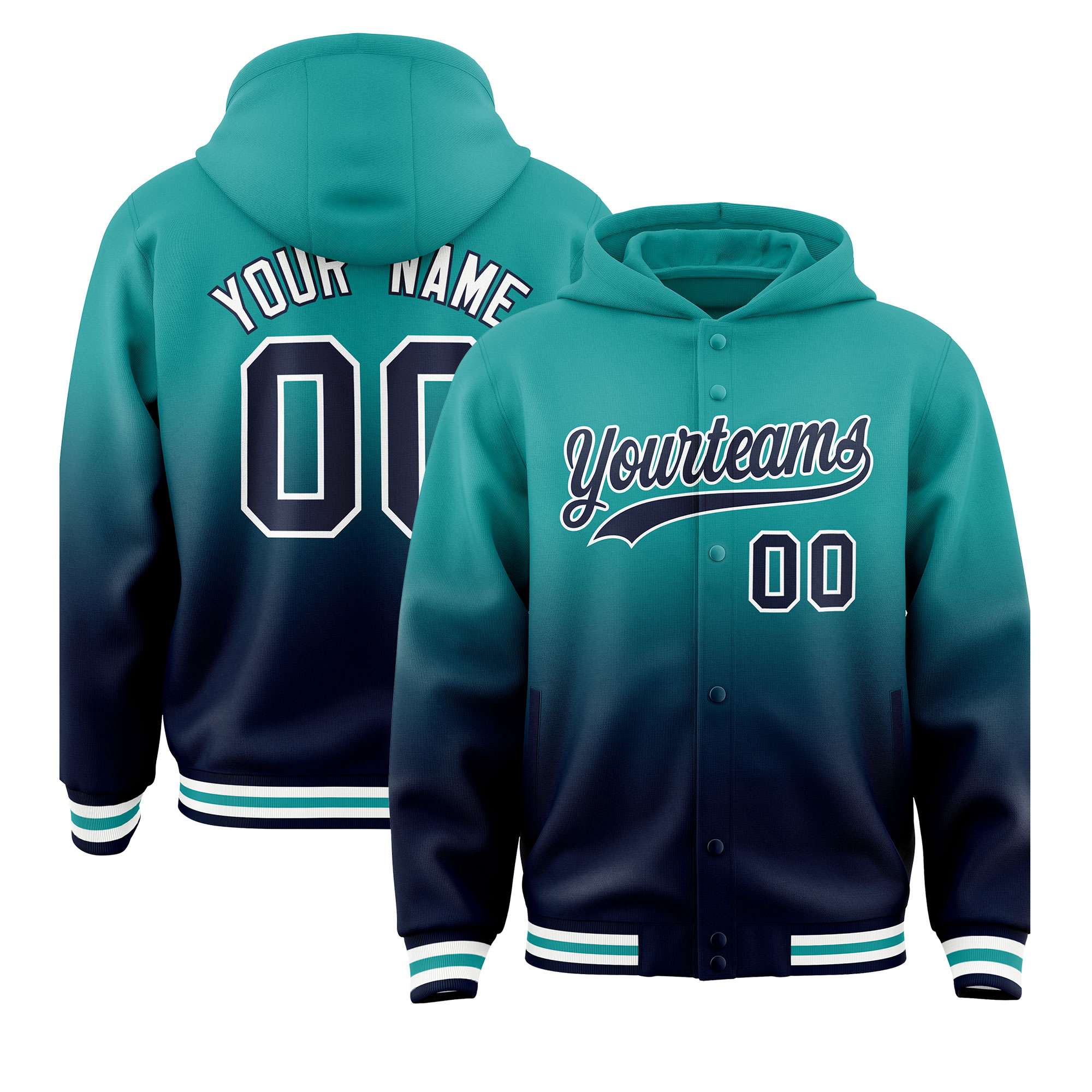 Custom Aqua Navy Varsity Full-Snap Letterman Gradient Hoodie Jacket