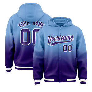 Custom Powder Blue Purple Varsity Full-Snap Letterman Gradient Hoodie Jacket