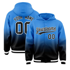 Custom Blue Black Varsity Full-Snap Letterman Gradient Hoodie Jacket